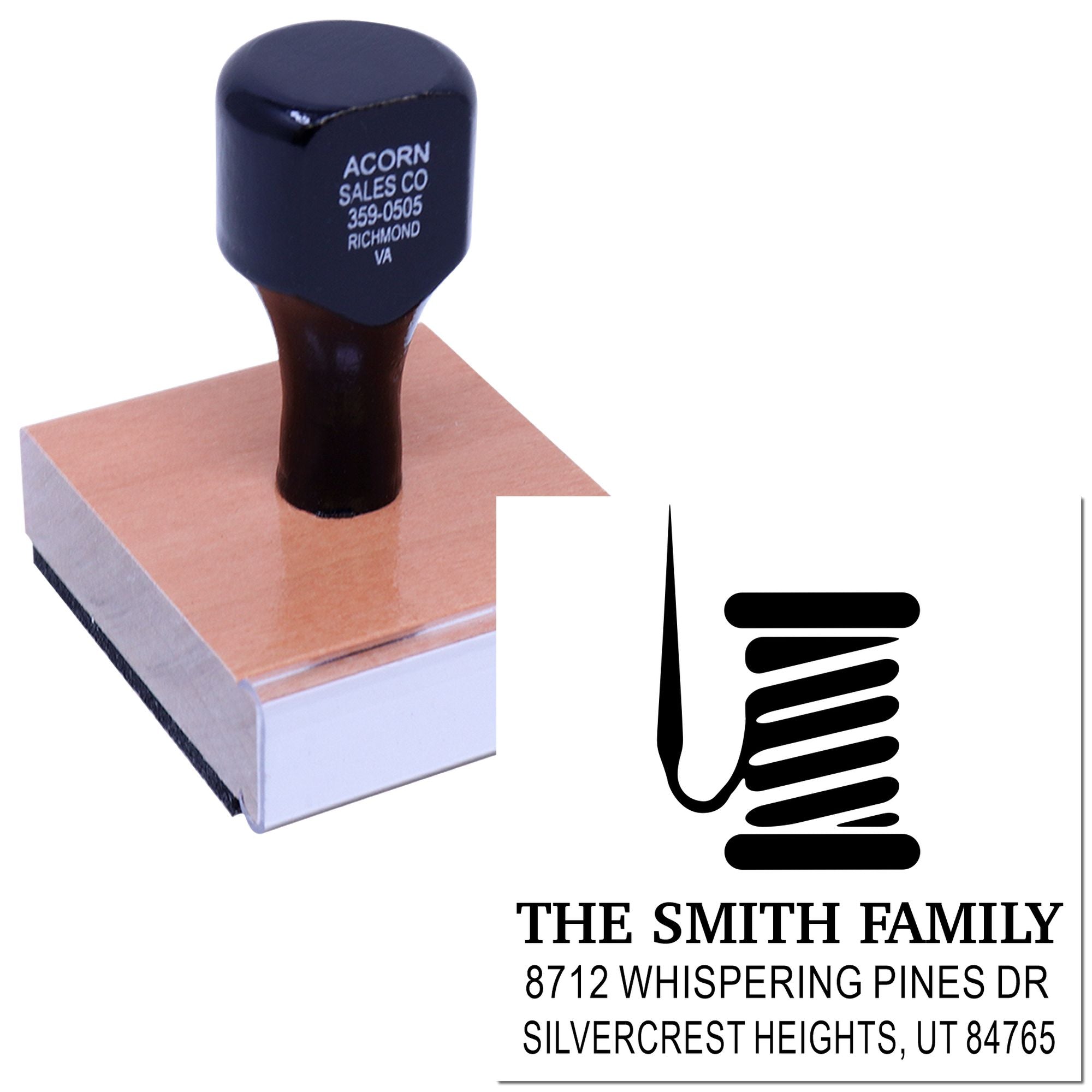 Custom self-inking address stamp imprinting The Smith Family return address on paper, with black stamp handle and logo on a white background.