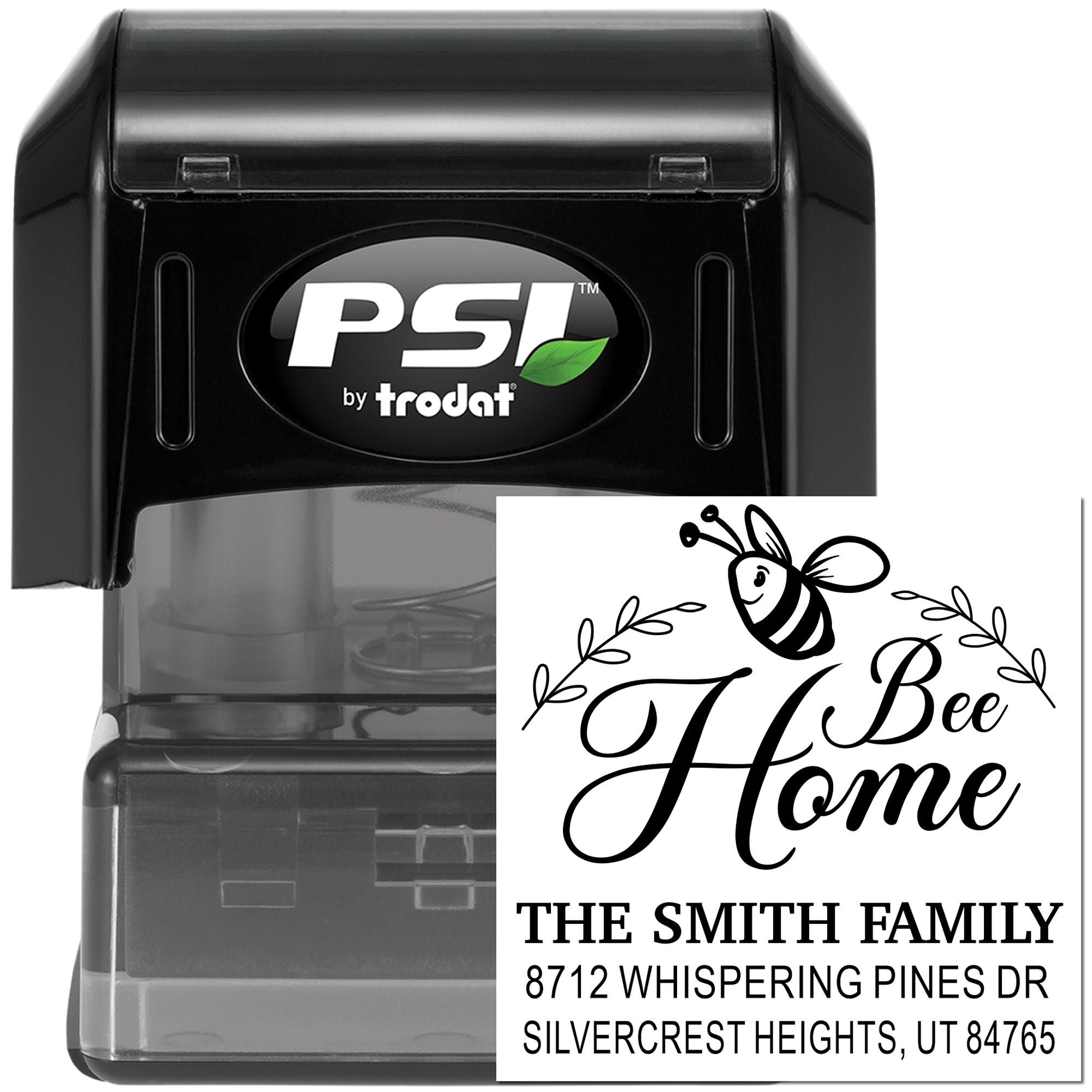 Personalized PSI by Trodat return address stamp with bee Home design on white background.