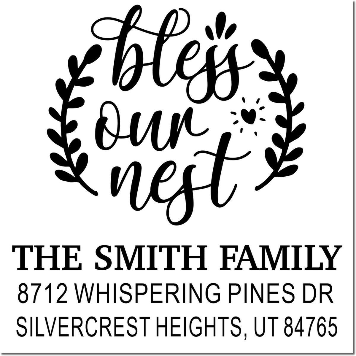 Custom Bless Our Nest return address stamp with leafy wreath, The Smith Family, and Silvercrest Heights, UT mailing address.