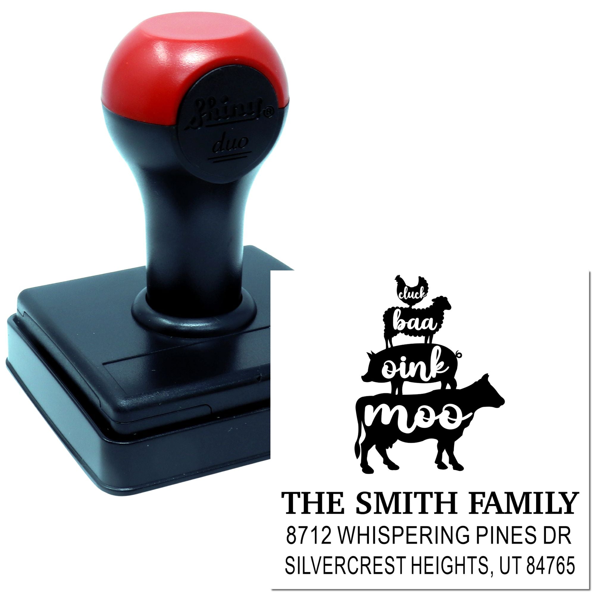 Custom self-inking return address stamp with cluck baa oink moo farm animal design for The Smith Family on a white background.