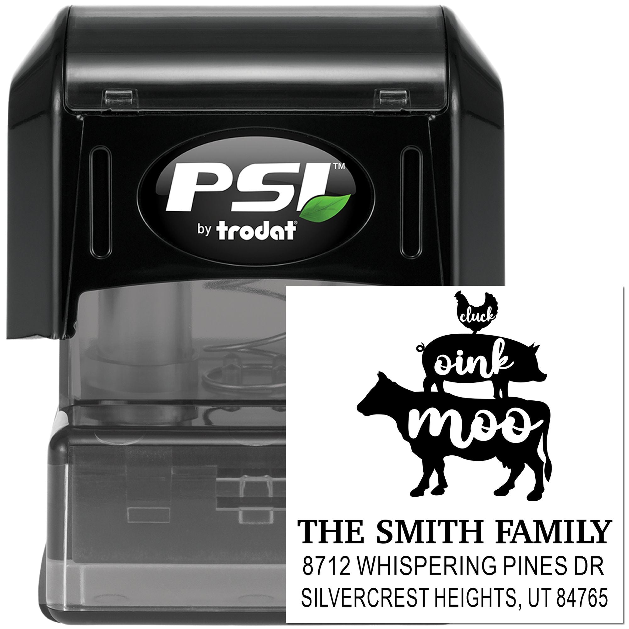 PSI by Trodat self-inking address stamp with farmhouse cluck oink moo design, showing Smith family name and Silvercrest Heights, UT address.