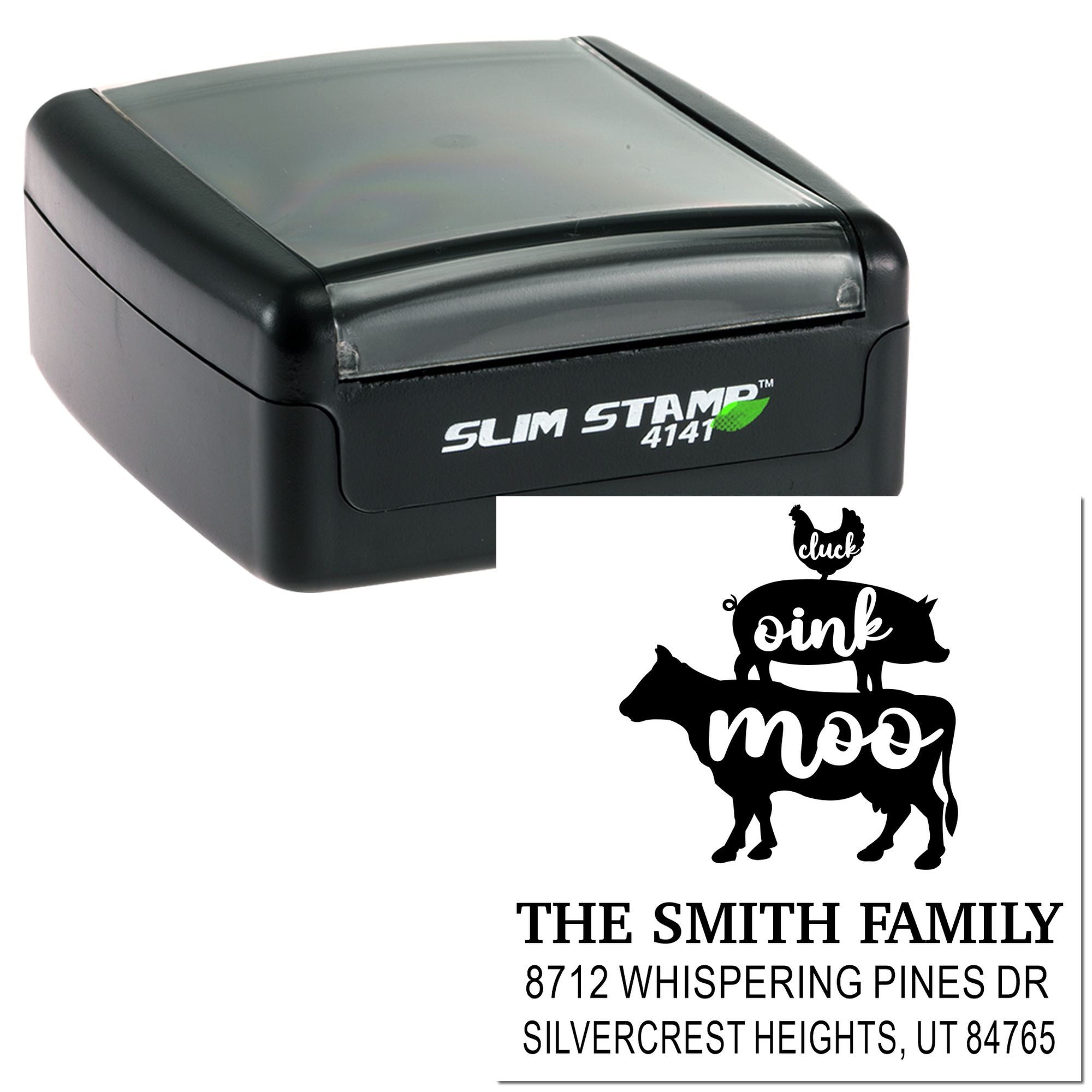 Custom self-inking Slim Stamp 4141 with chicken, pig and cow family design plus Smith family address on white background.