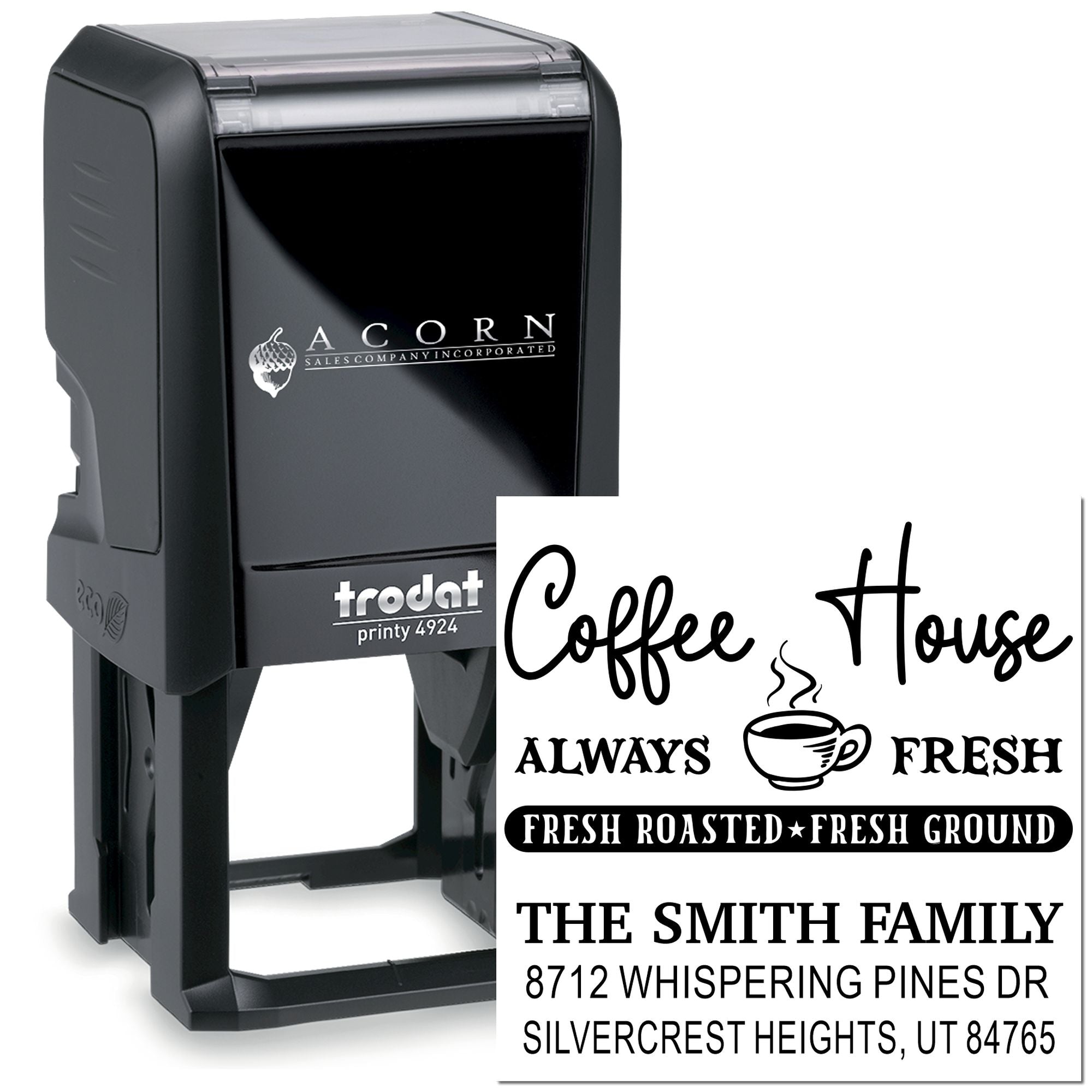 Custom self-inking Trodat 4924 stamp featuring Coffee House branding, coffee cup icon, and Smith Family address on a white background.