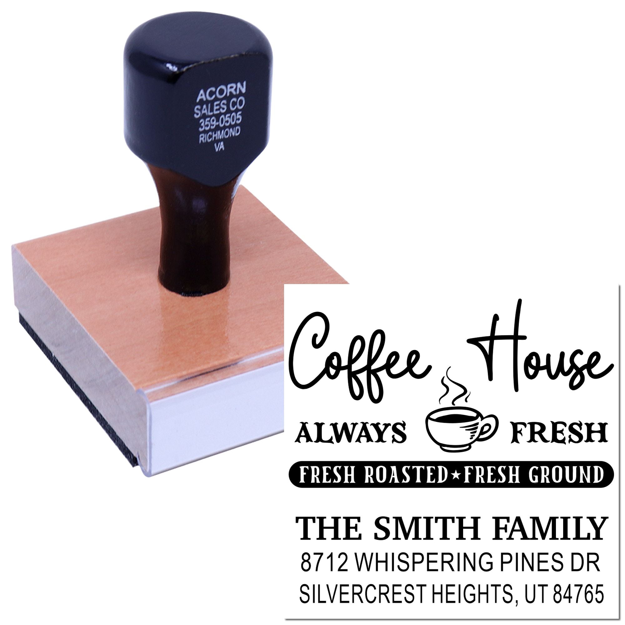 Custom coffee house address stamp with wooden handle on pad, showing fresh-roasted coffee design and family return address imprint.