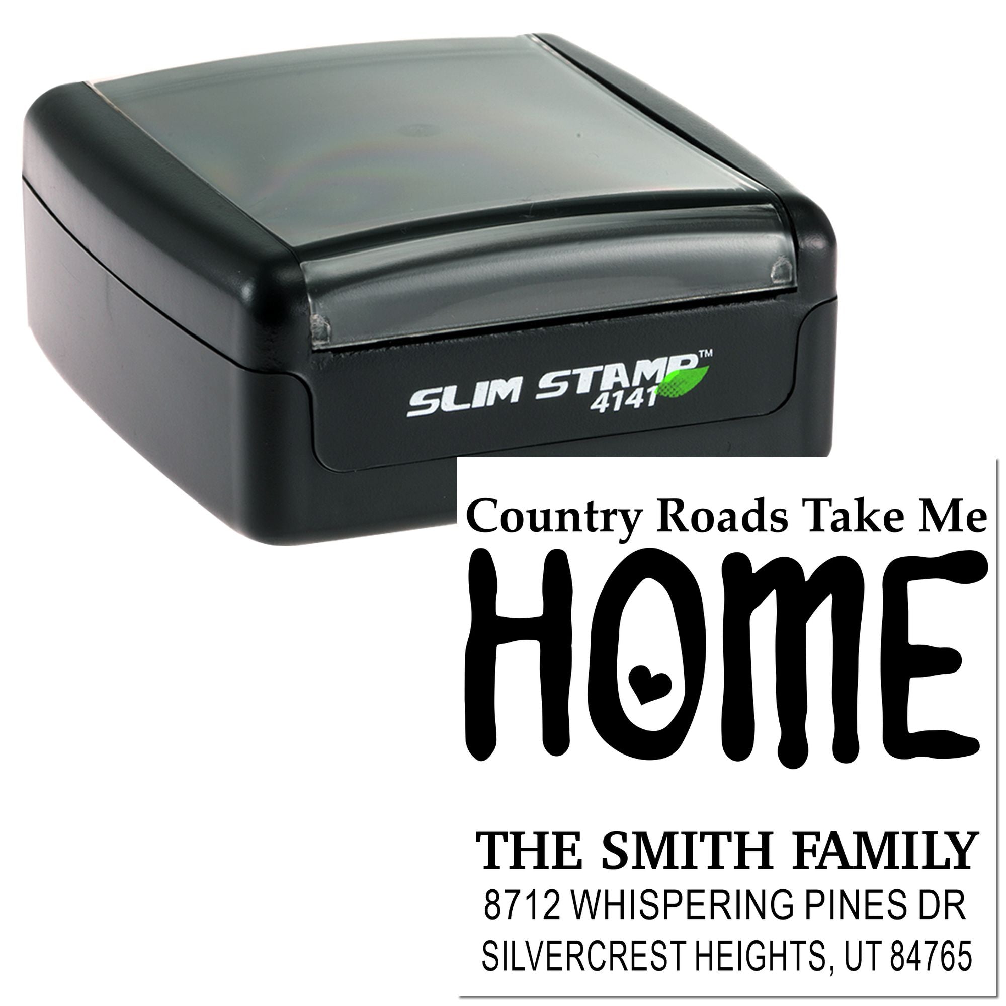 Self-inking Slim Stamp with custom HOME return address imprint for The Smith Family on a white background