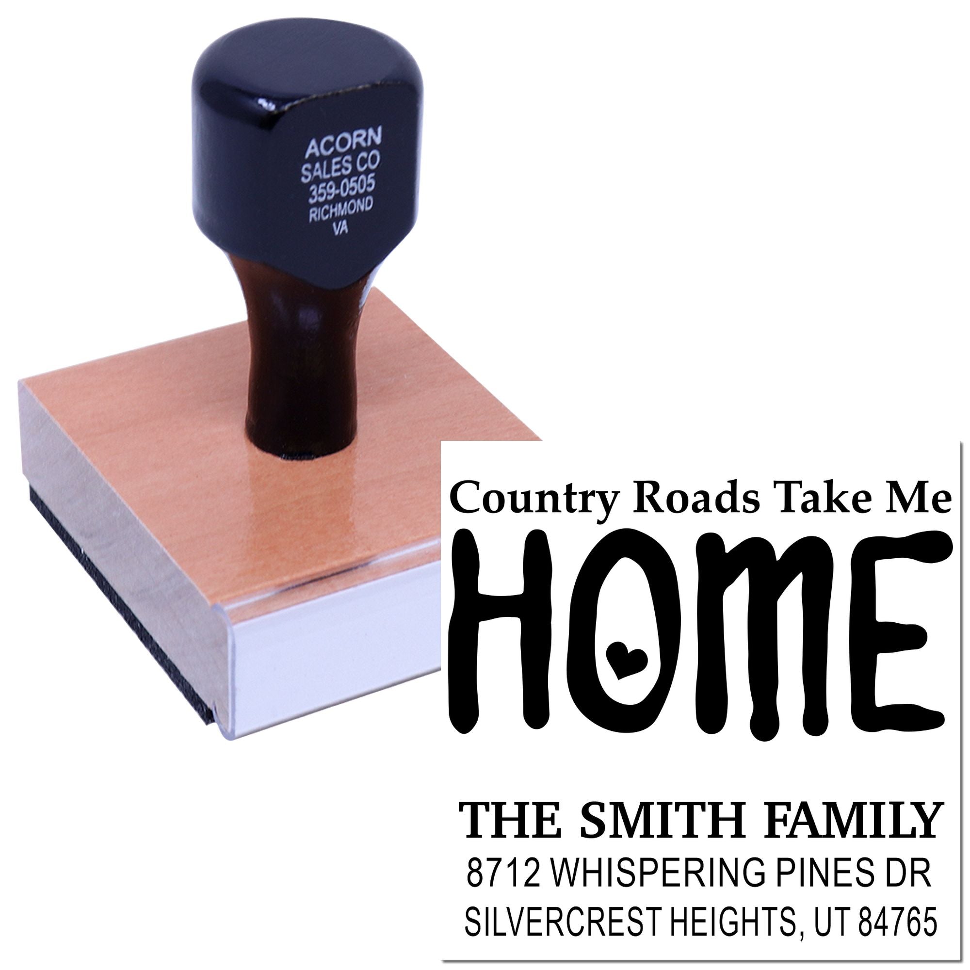 Custom self-inking home address stamp with Country Roads Take Me Home and The Smith Family return address on a white background.