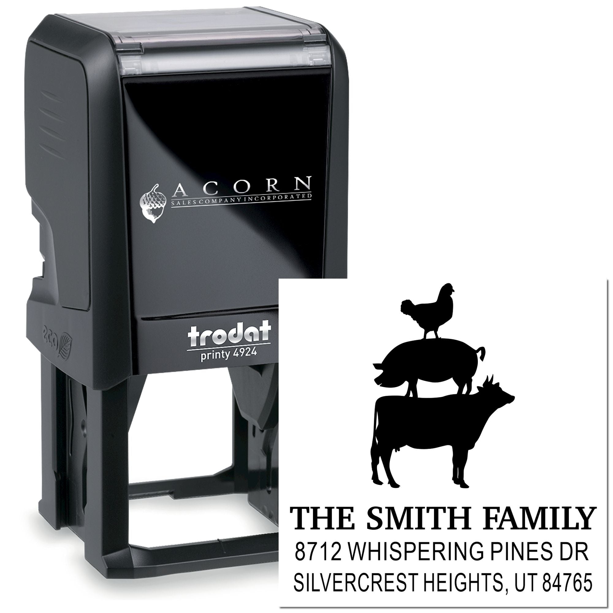 Custom self-inking family address stamp with pig, cow and chicken design, showing The Smith Family, Whispering Pines Dr, Silvercrest Heights, UT.