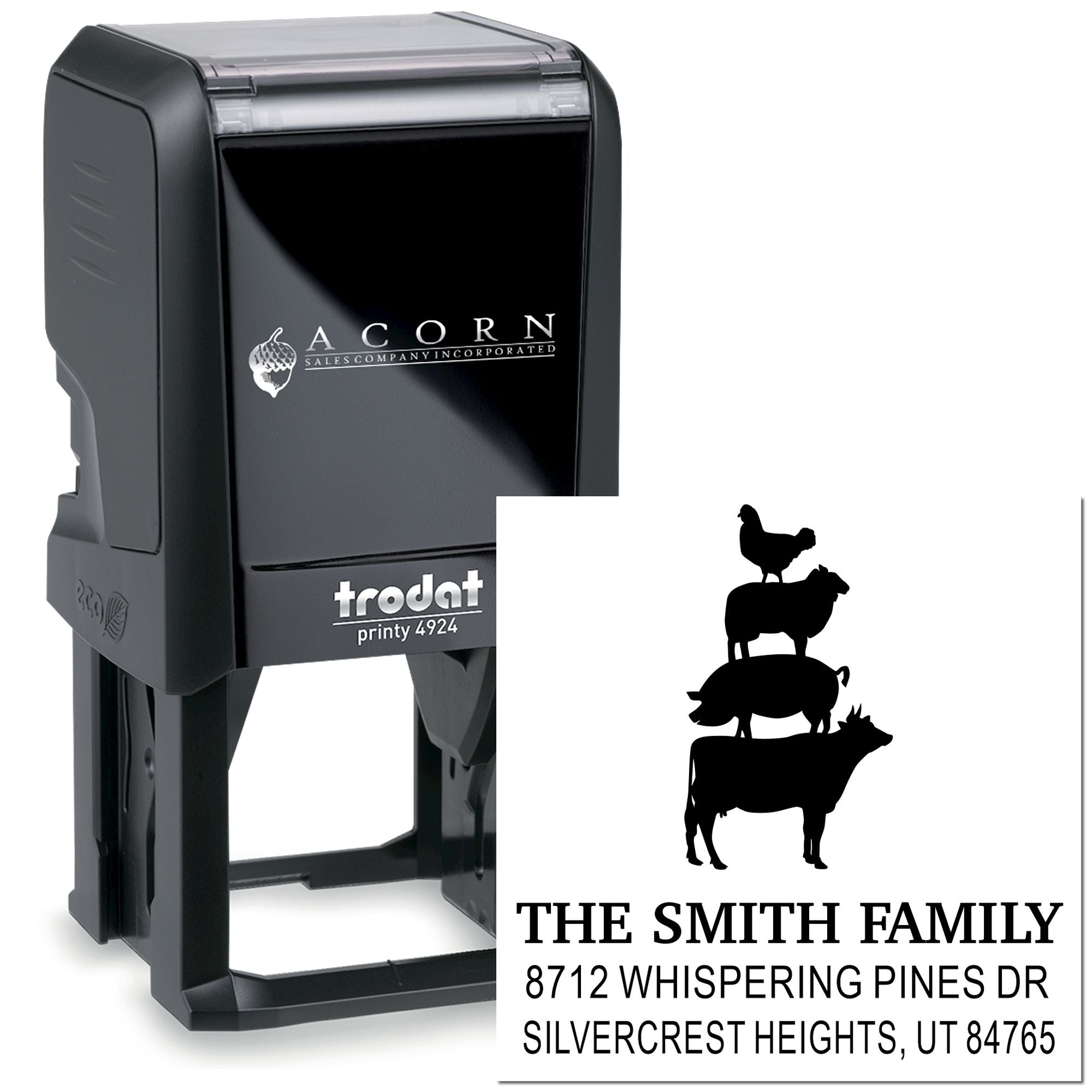 Self-inking custom Trodat address stamp with farm animal silhouettes and The Smith Family name and Utah address on a white background.