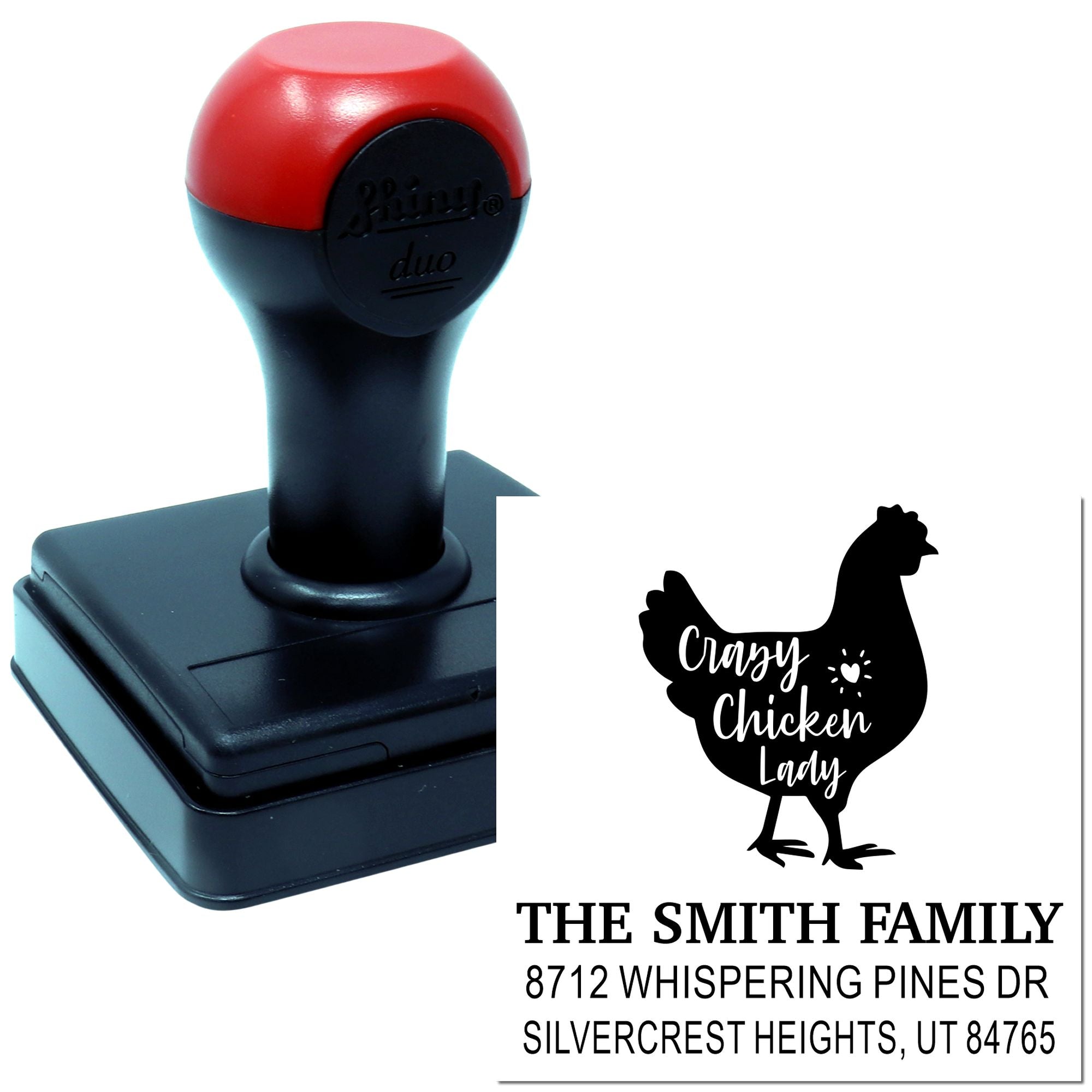 Custom self-inking rubber stamp featuring Crazy Chicken Lady chicken silhouette and Smith family address on white background.