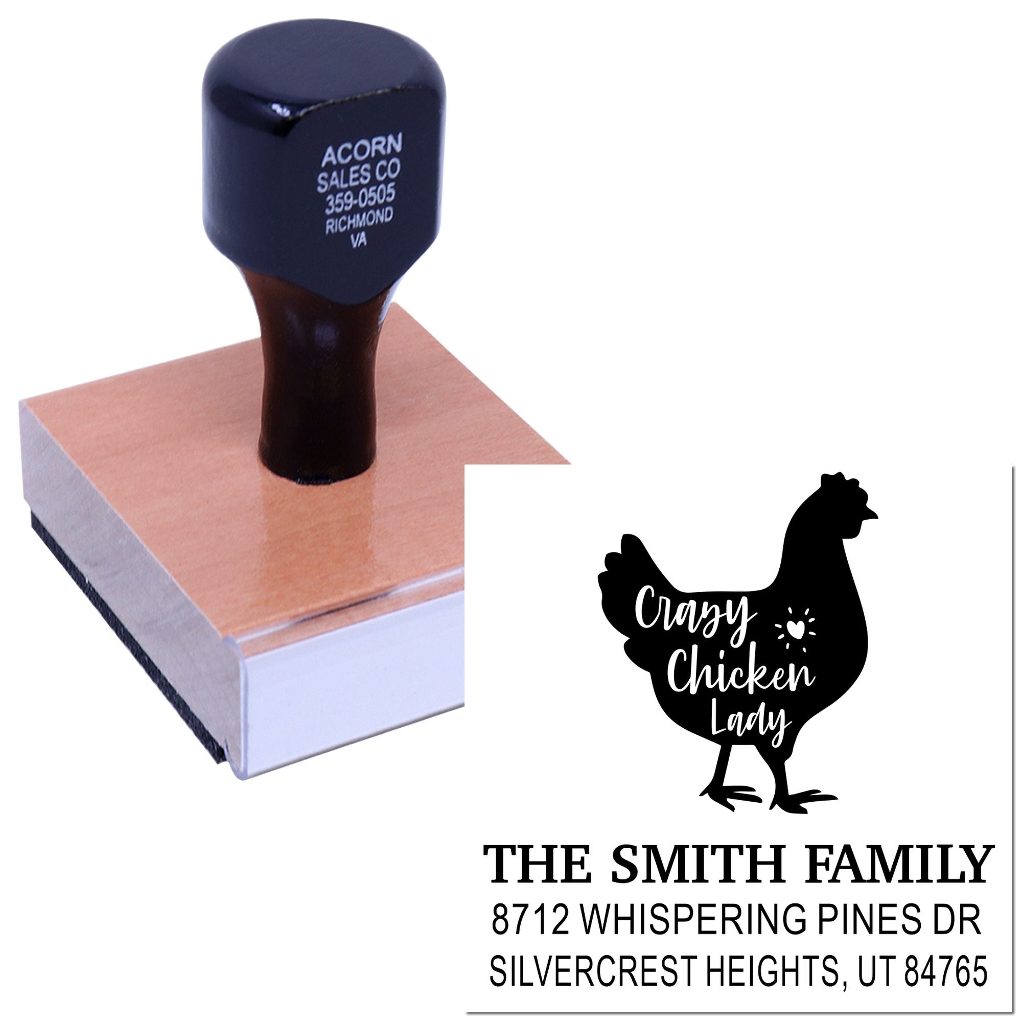 Custom rubber stamp with Crazy Chicken Lady chicken design and Smith Family address imprint on a white background.