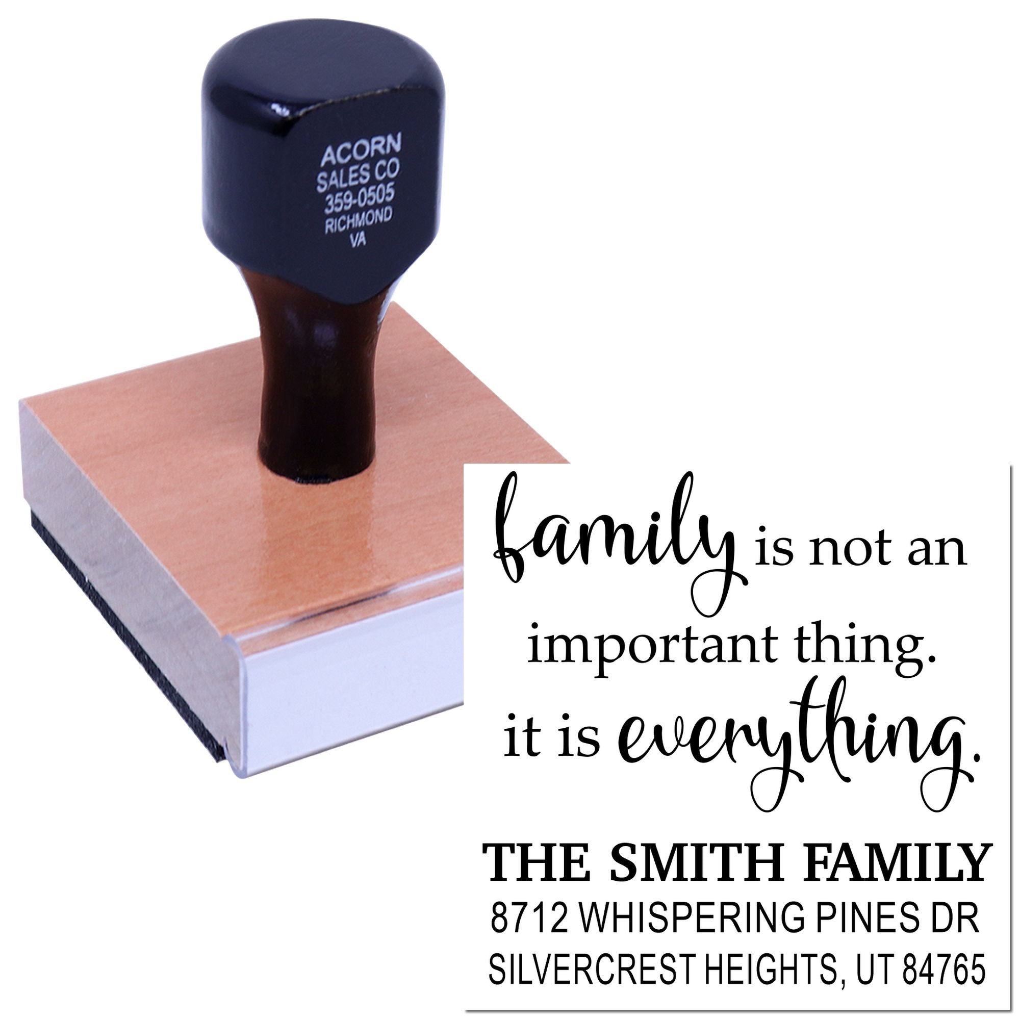 Custom self-inking family address stamp on white background, with quote family is not an important thing, it is everything.