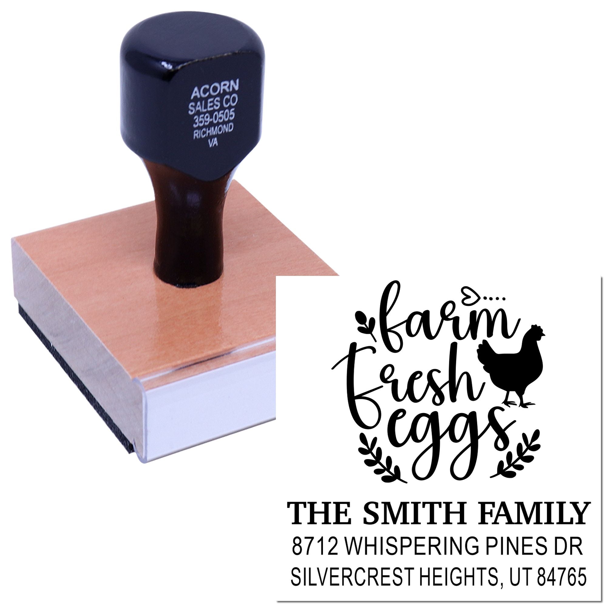 Custom self-inking address stamp with farm fresh eggs chicken design, shown on a block with Smith family name and address on a white background.