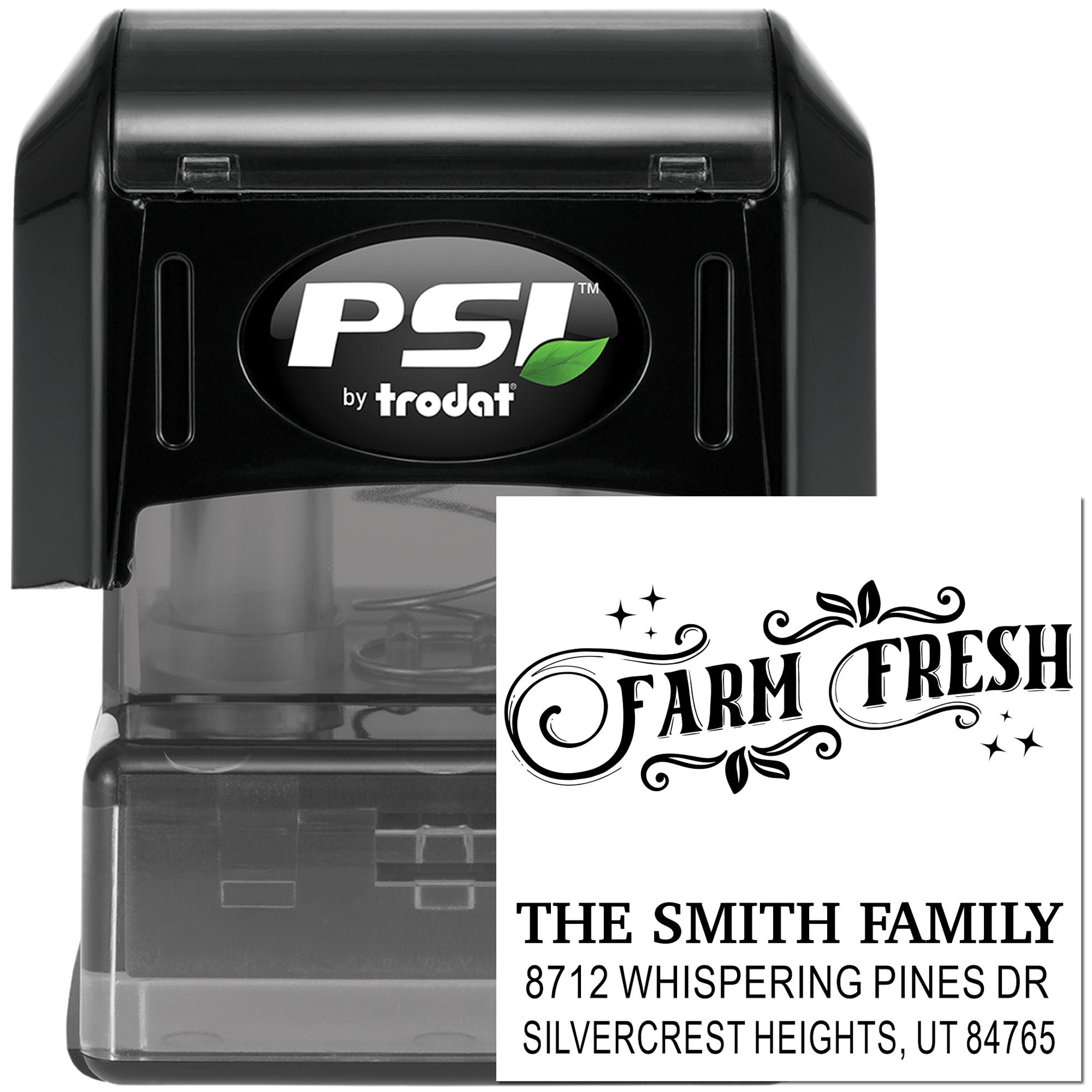Custom self-inking PSI by Trodat stamp with Farm Fresh design and The Smith Family return address on a white background.