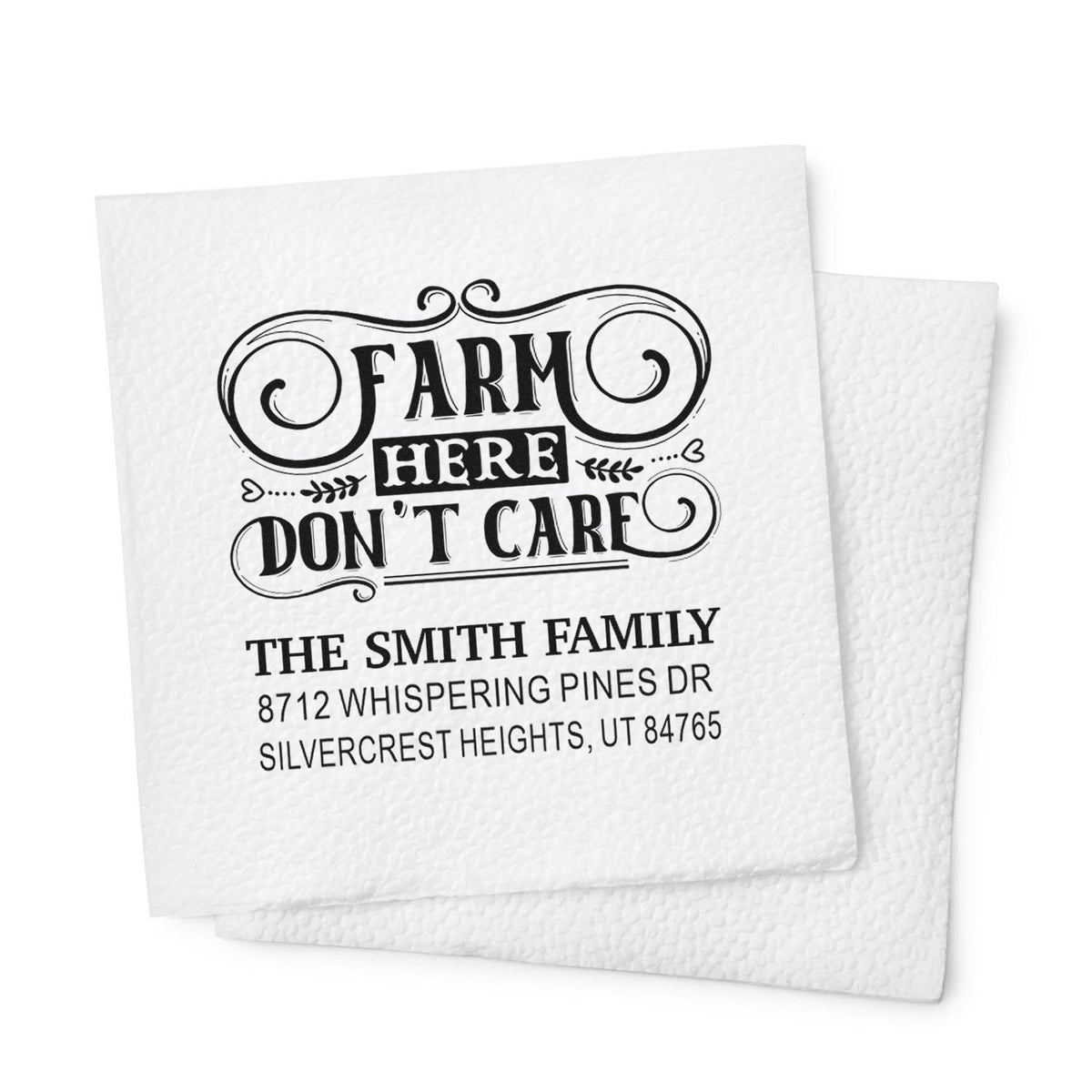 Custom farmhouse address stamp on textured white cards, reading Farm Here Dont Care with The Smith Family address in black ink.