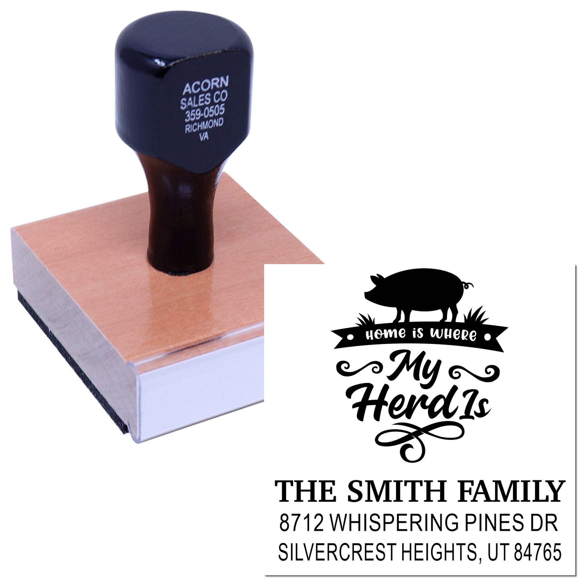 Custom self-inking address stamp with pig Home is where My Herd Is design, shown on a wooden block with family name and Utah address.