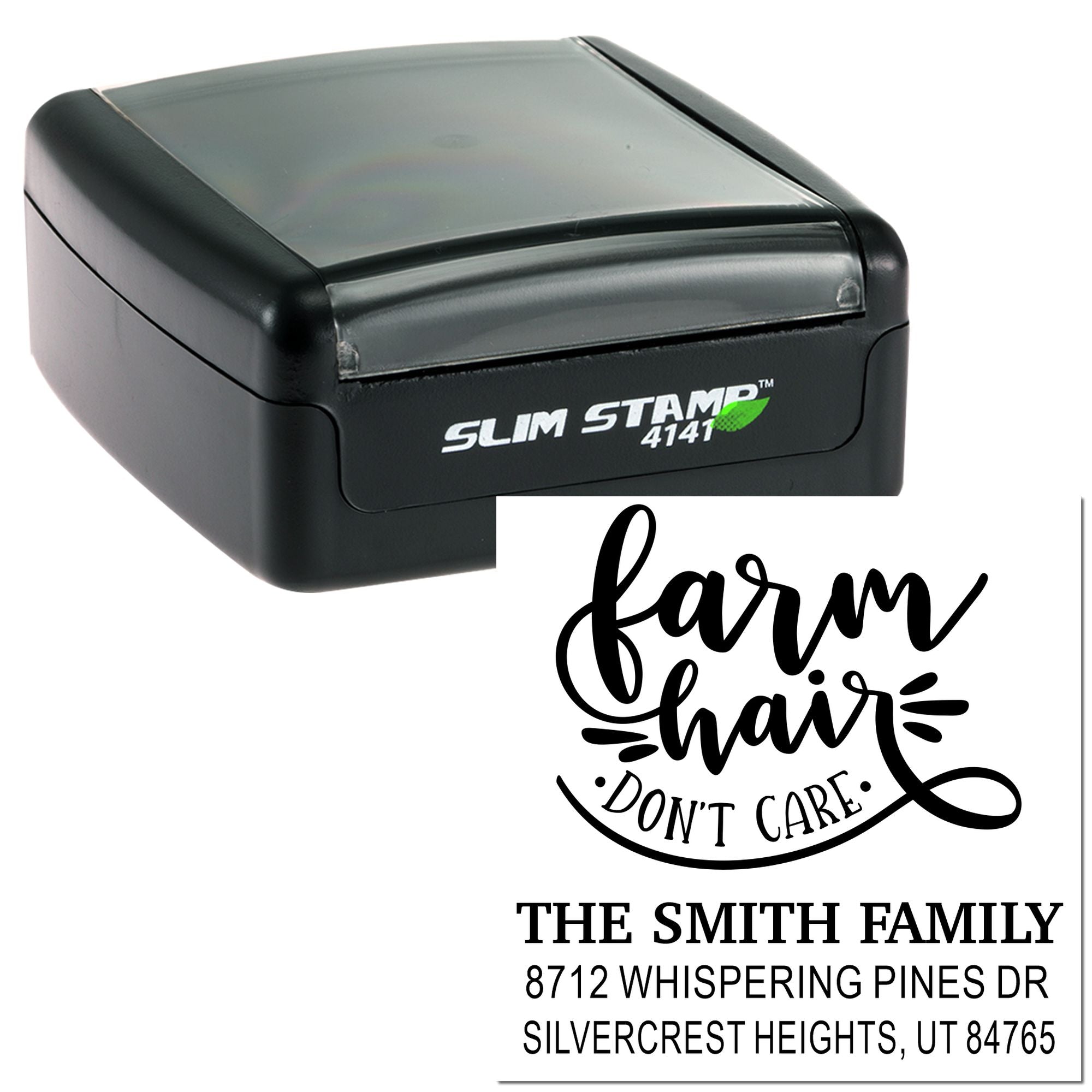 Black Slim Stamp self-inking custom return address stamp with farmhouse design, family name, and Utah address on white background.