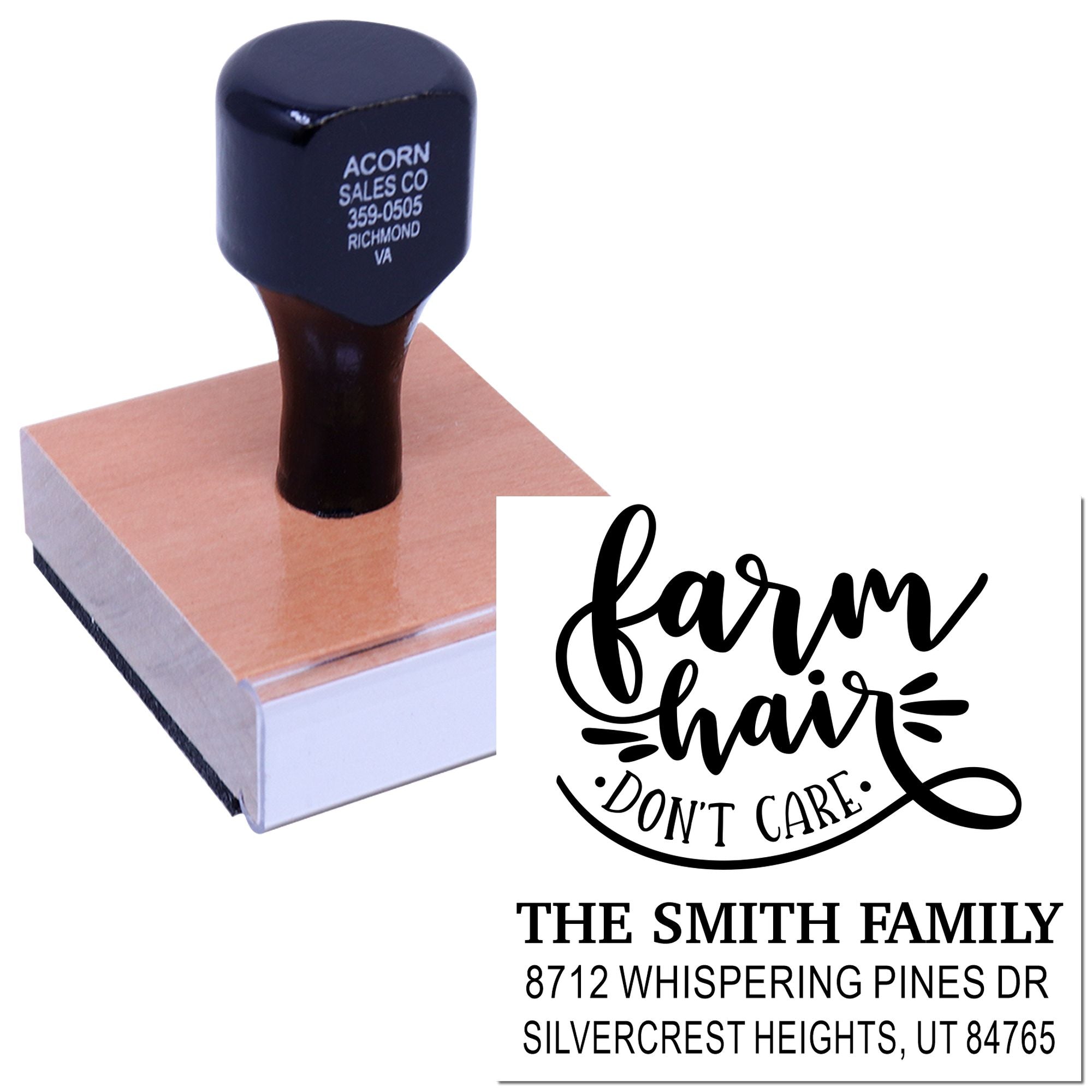 Personalized rubber address stamp on a wooden block, showing a farmhouse-style farm hair dont care design with The Smith Family address imprint.