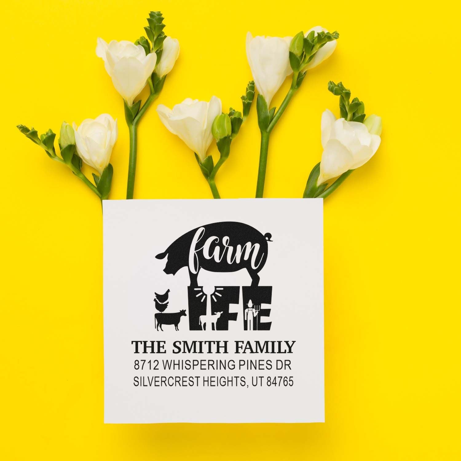 Personalized farm life address stamp with pig, chicken and cow silhouettes, framed by white flowers on a bright yellow background.
