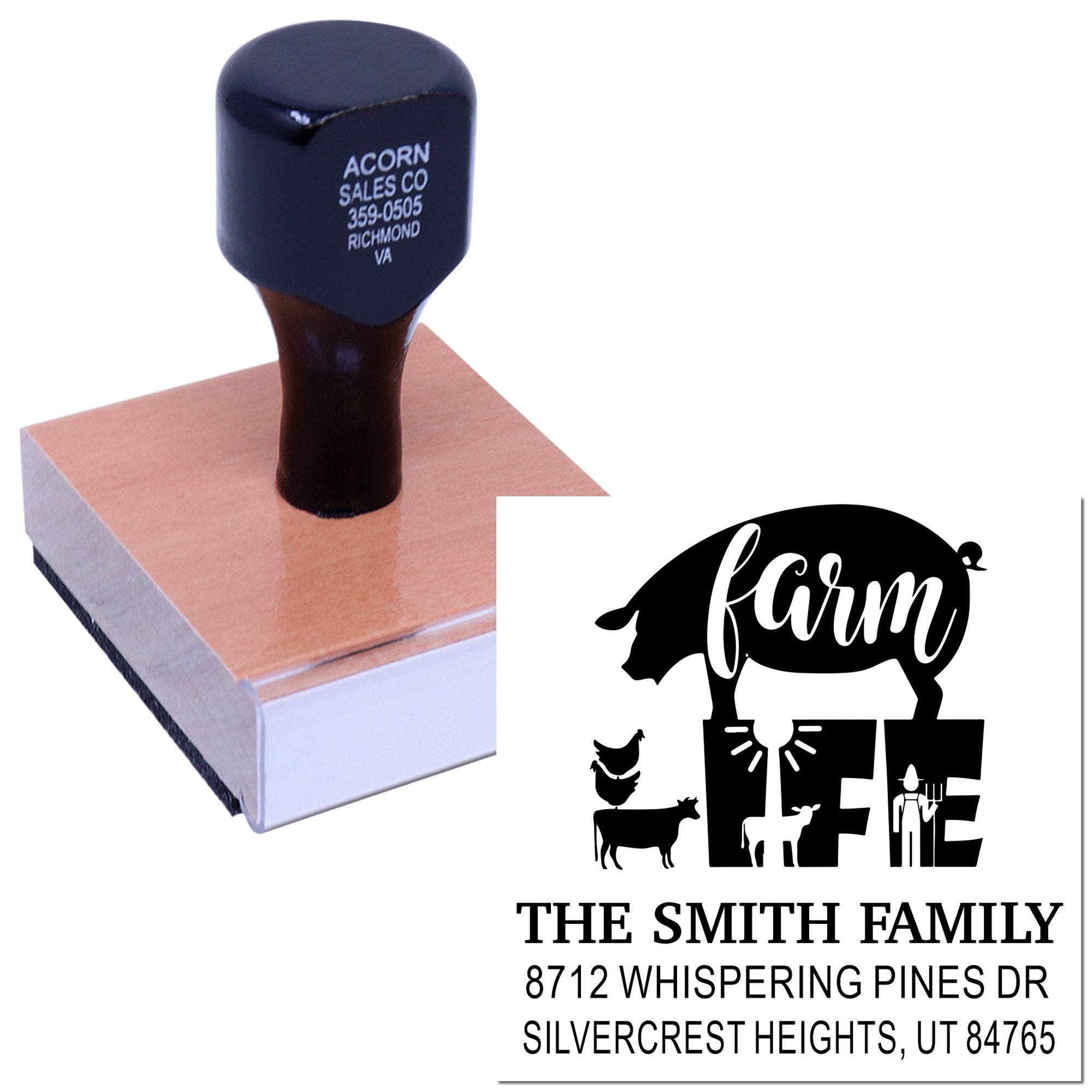 Custom farm return address rubber stamp on wooden block, featuring a pig design and The Smith Family name with Utah address.