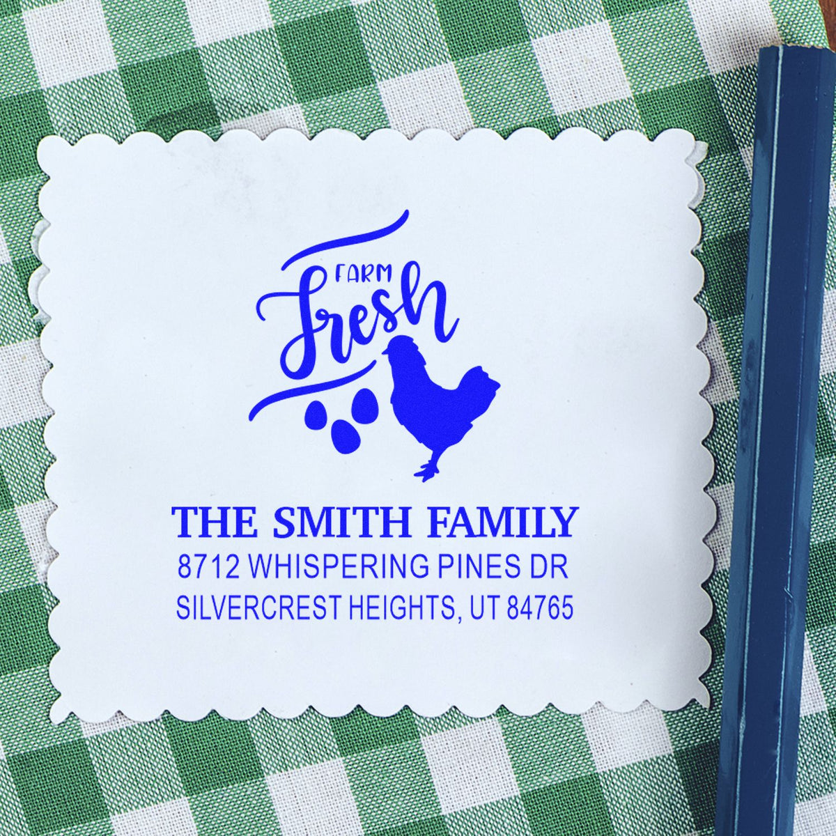 Custom Farm Fresh return address stamp with chicken and eggs, featuring The Smith Family address on a green gingham cloth background.