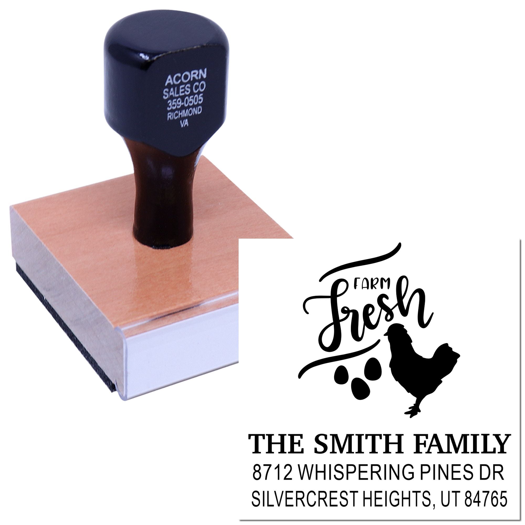 Custom self-inking farm fresh address stamp with chicken and eggs design, showing The Smith Family and Silvercrest Heights, UT.