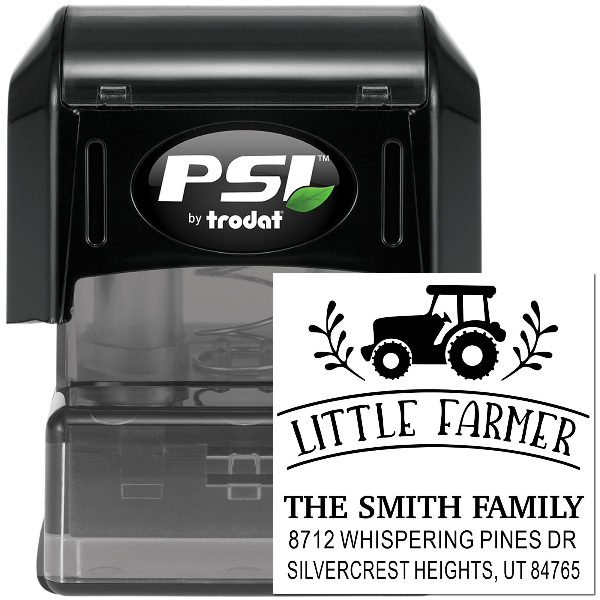 Personalized self-inking PSI by Trodat stamp with tractor and Little Farmer design, featuring The Smith Family name and address.