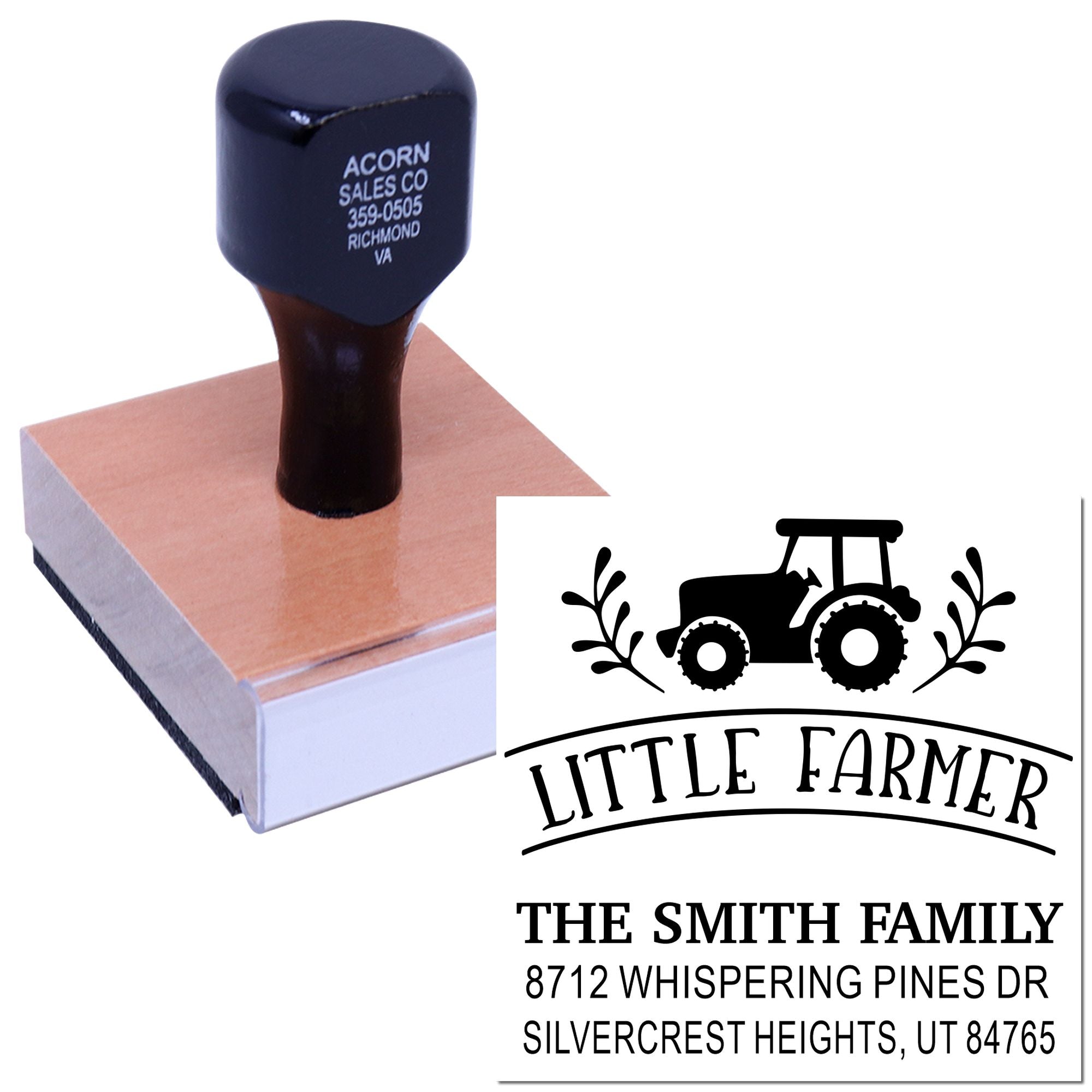 Custom self-inking farm address stamp with tractor logo and Little Farmer imprint on a white product background.