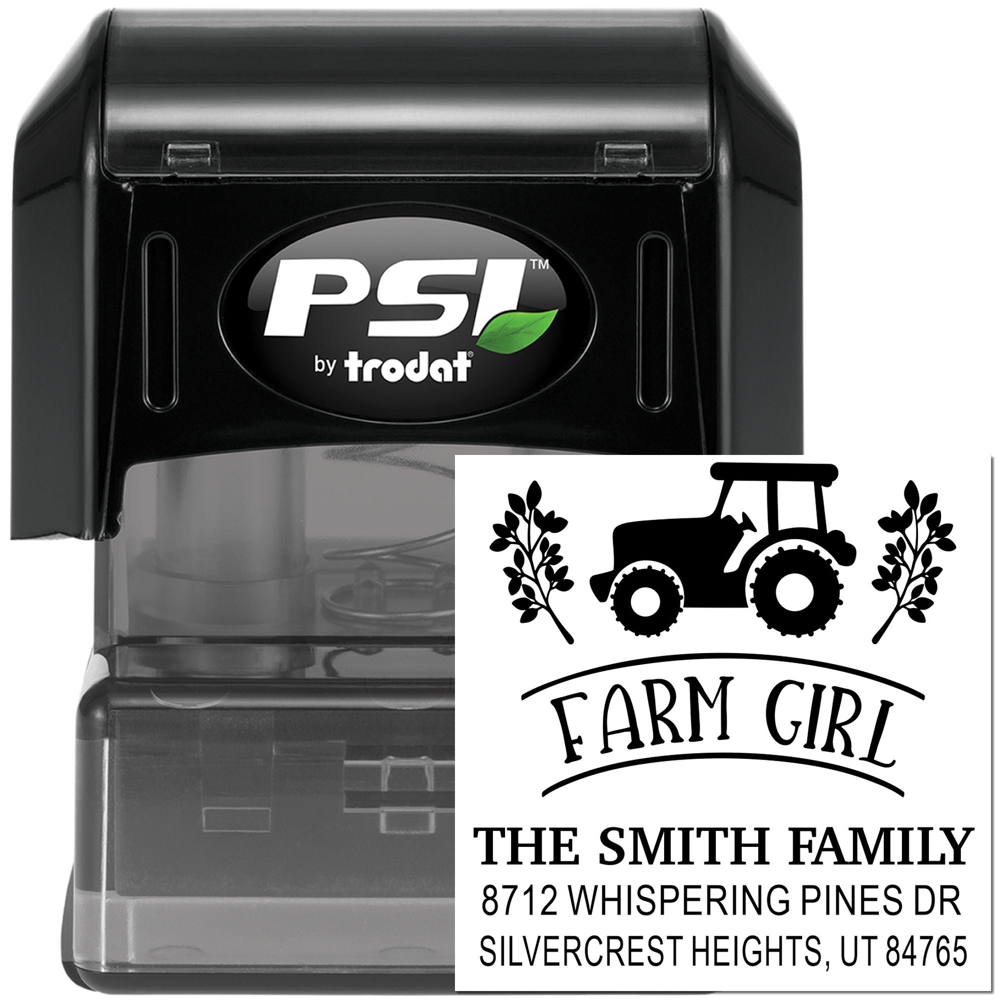 PSI by Trodat self-inking custom stamp with farm tractor design and Farm Girl return address for The Smith Family on white background.