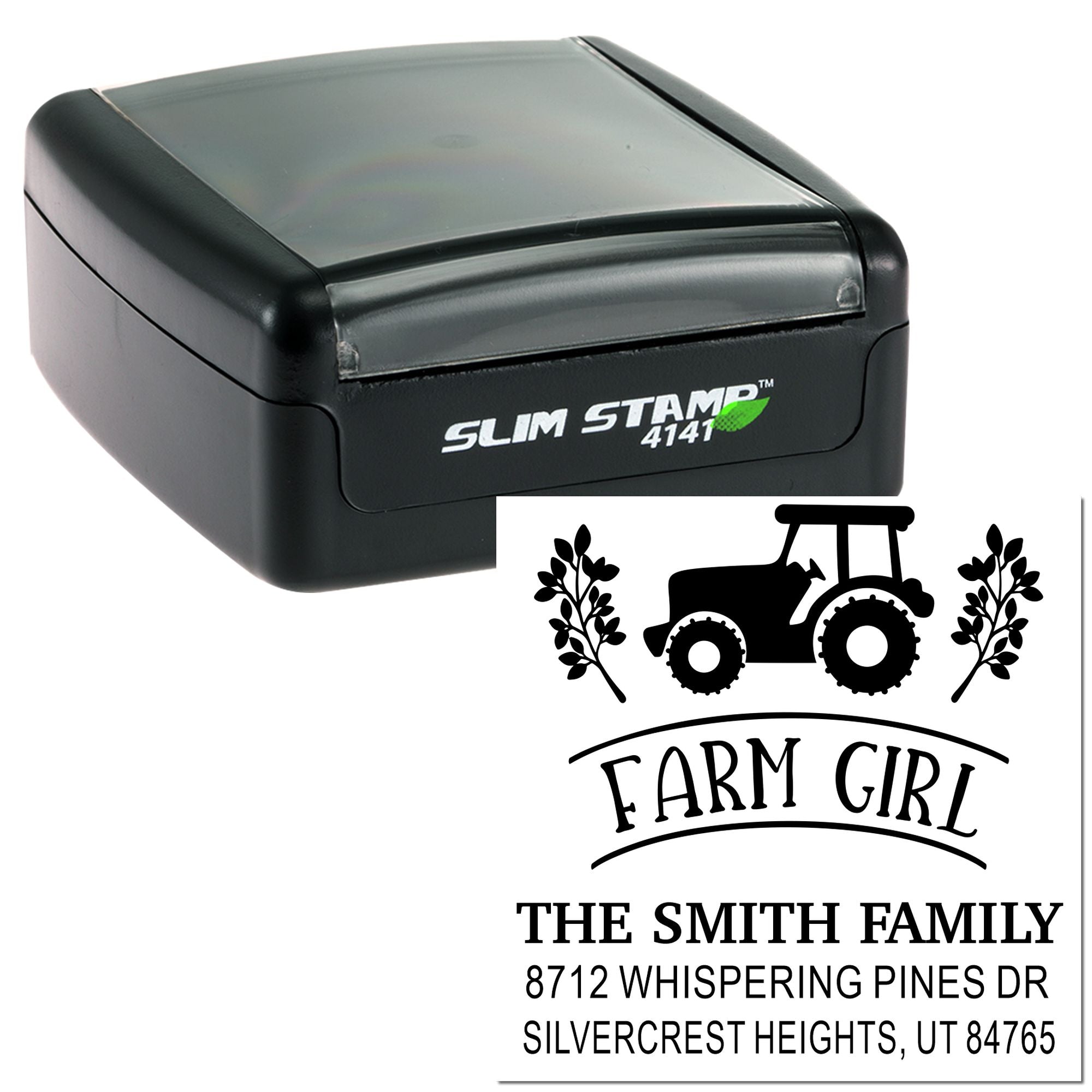 Slim self-inking custom address stamp with tractor and leaves design, reading Farm Girl and The Smith Family on a white background.