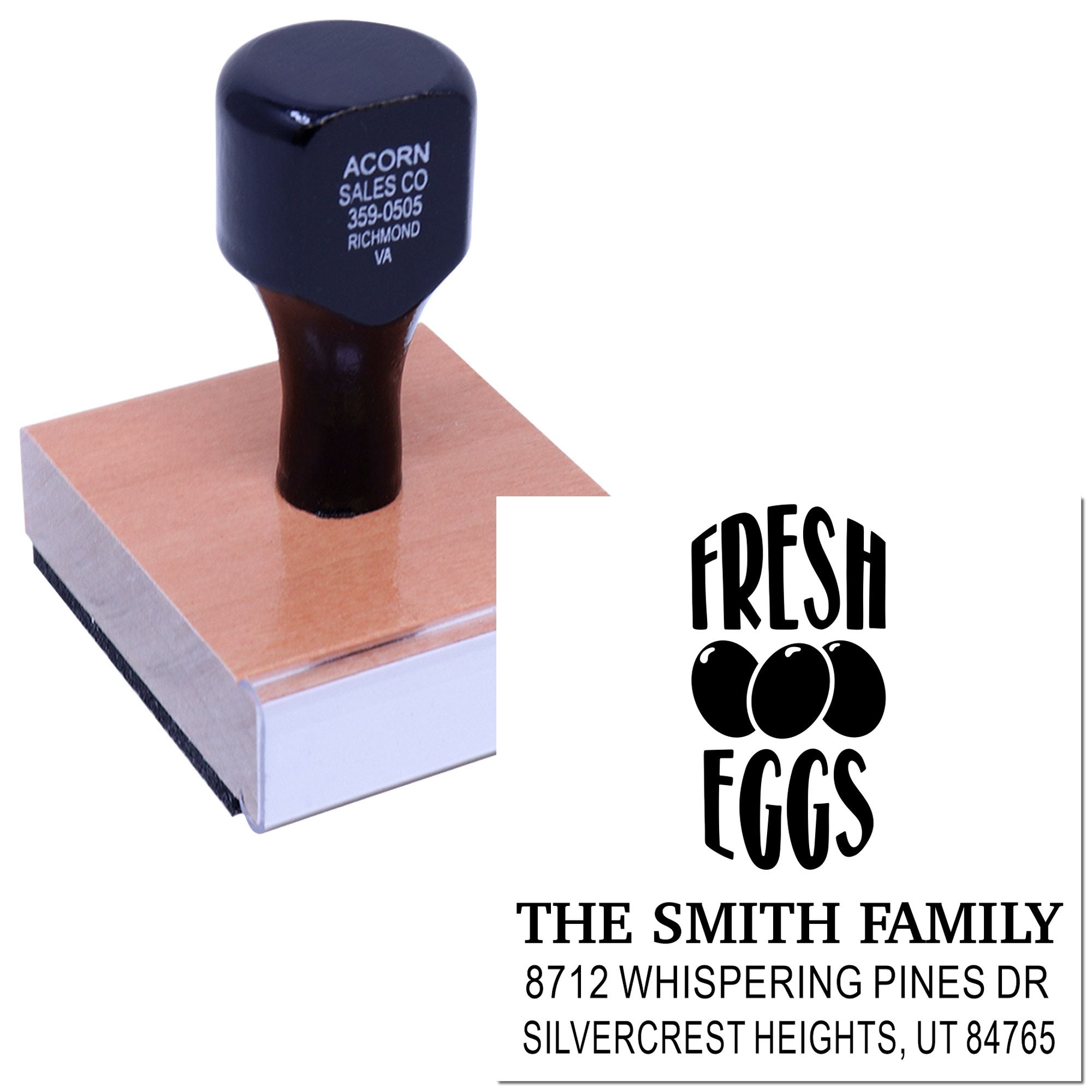Custom self-inking stamp with Fresh Eggs logo and The Smith Family address, shown on a wooden block against a white background.