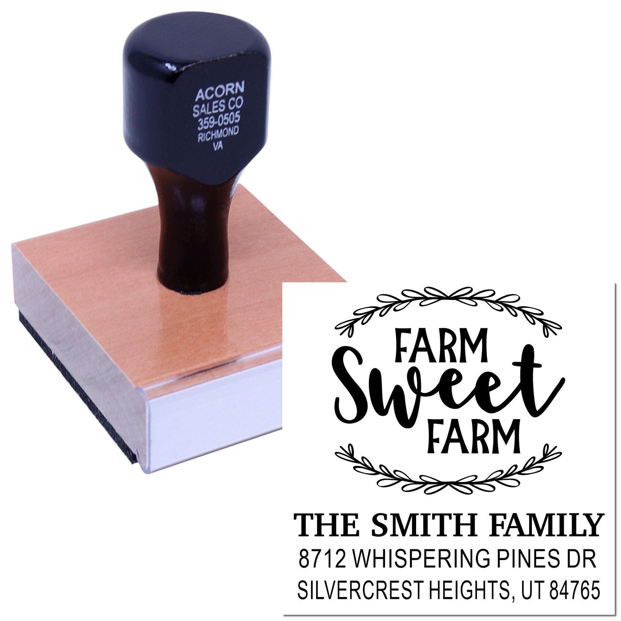 Custom self-inking farm stamp on white background, showing a Farm Sweet Farm design and personalized The Smith Family address imprint.
