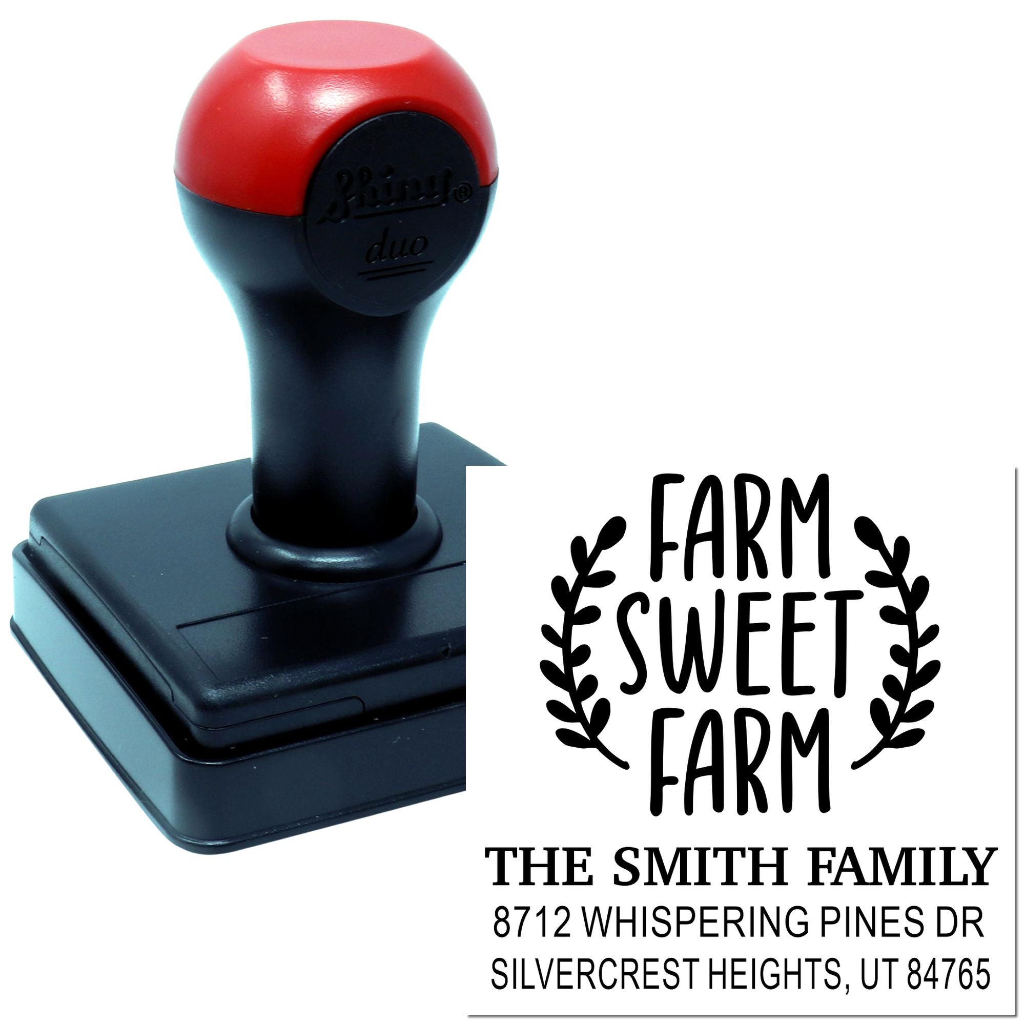 Custom self-inking stamp showing Farm Sweet Farm return address for The Smith Family, with black and red handle on a white background.