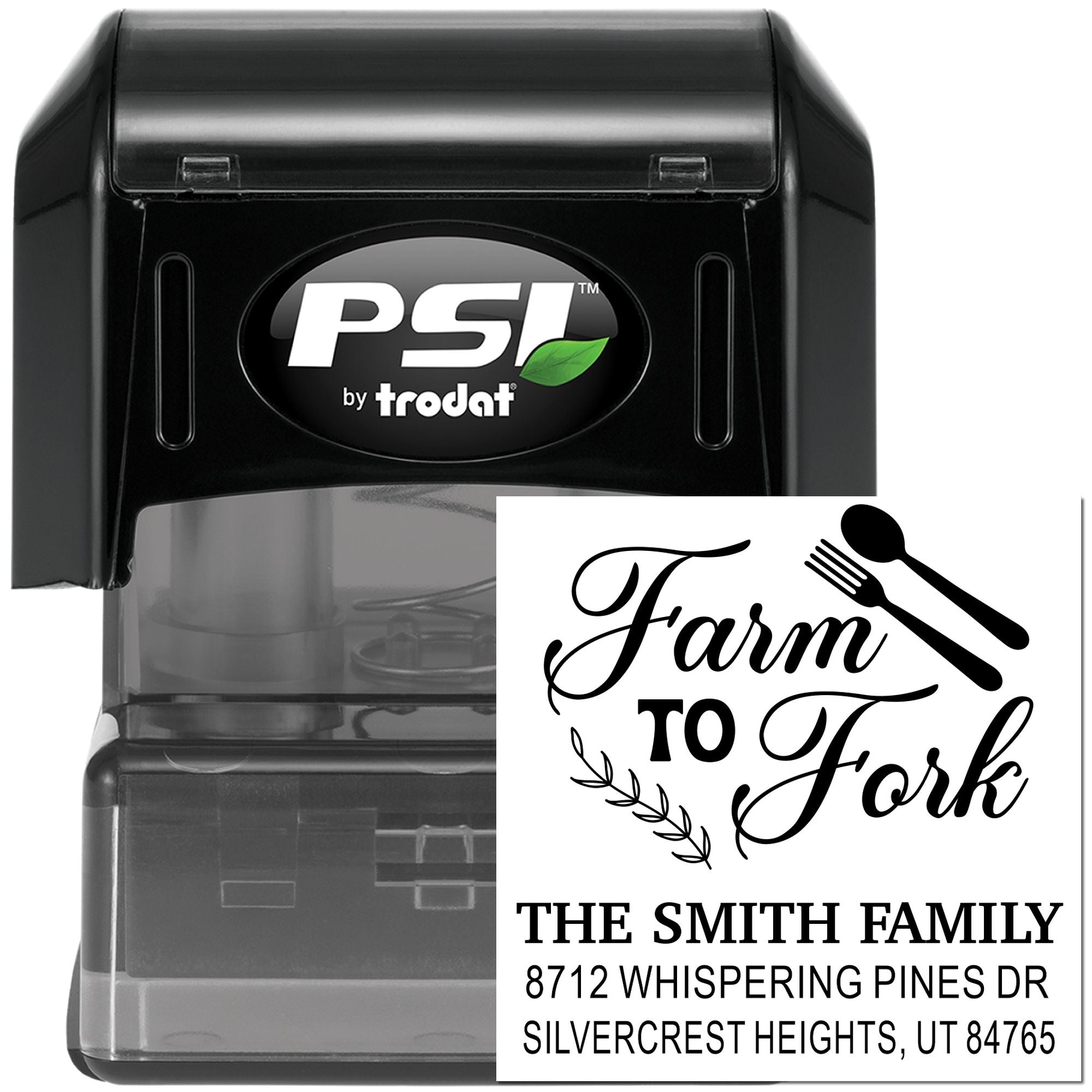 Custom PSI by Trodat self-inking stamp with Farm to Fork, family name and address, shown on a black stamp cartridge with clear housing and utensils icon.
