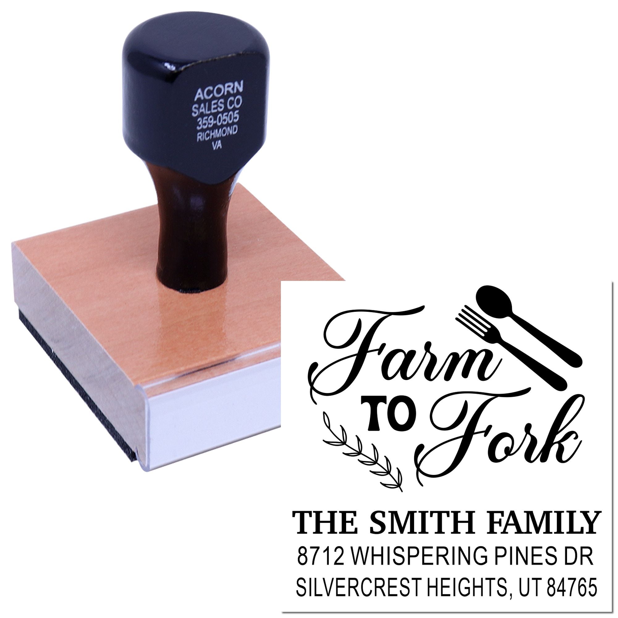 Custom farm-to-fork address stamp on a wooden block, with family name and address imprint for personalized food-themed labeling.