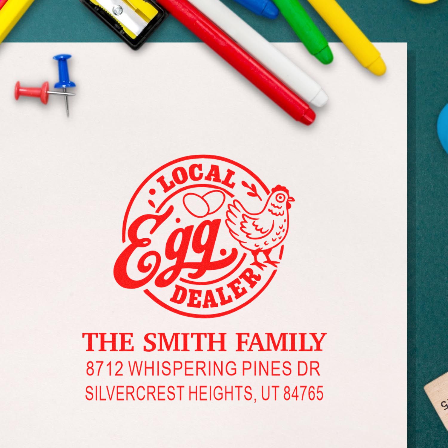 Custom egg dealer address stamp for The Smith Family on white paper, surrounded by colorful pens and pushpins on a teal desk.