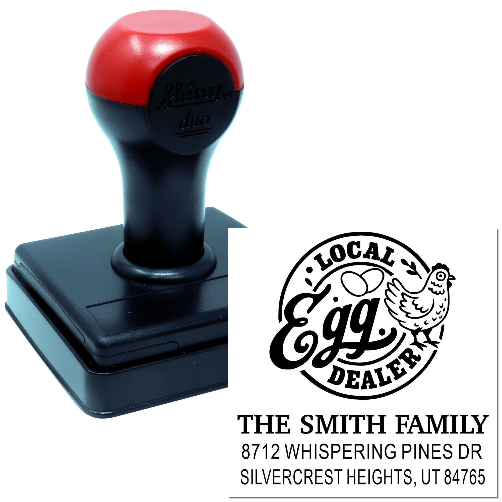 Custom self-inking rubber stamp with Local Egg Dealer chicken design and Smith family address, shown beside stamped impression.