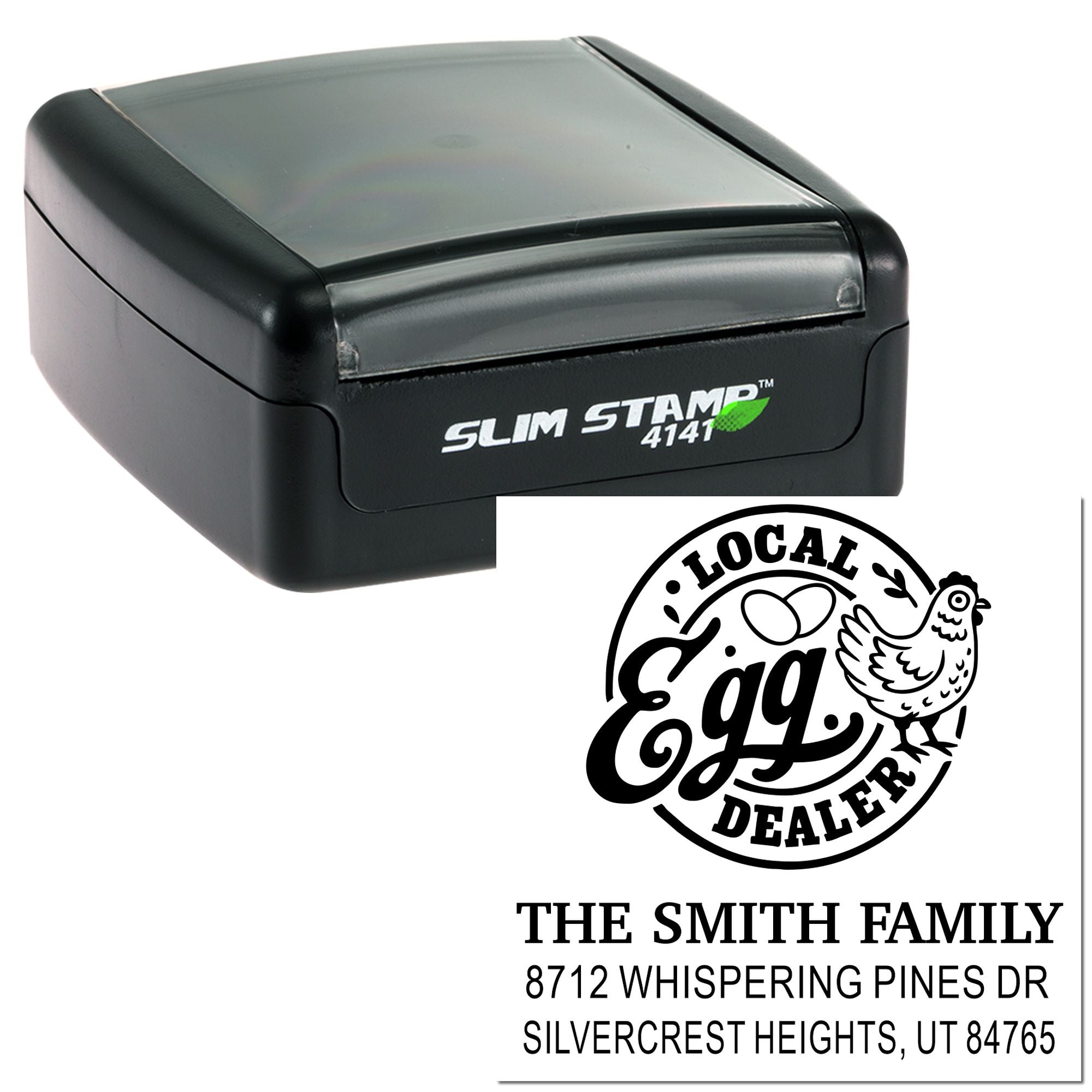 Custom self-inking Slim Stamp 4141 with Local Egg Dealer design and The Smith Family address for personalized business mailing.