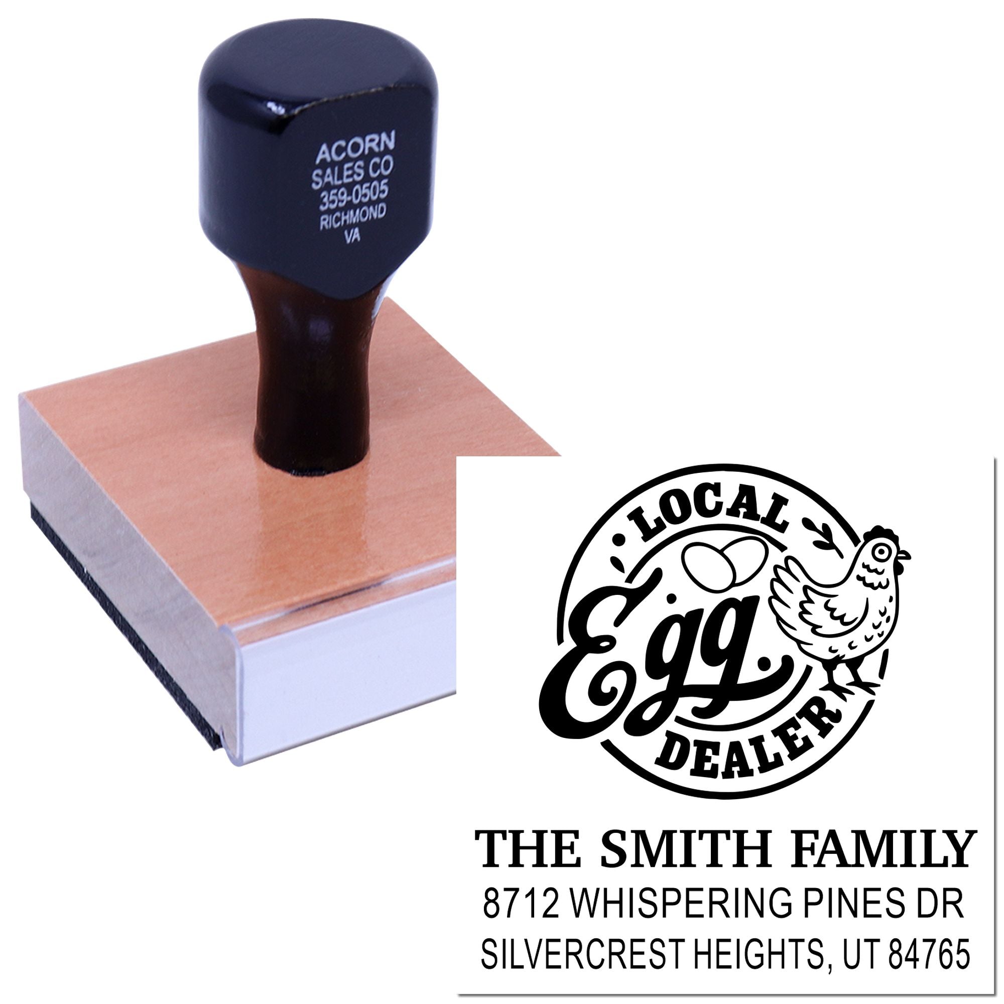 Custom wood-mounted rubber stamp with handle, showing Egg Dealer logo and Smith family return address imprint on a white background.