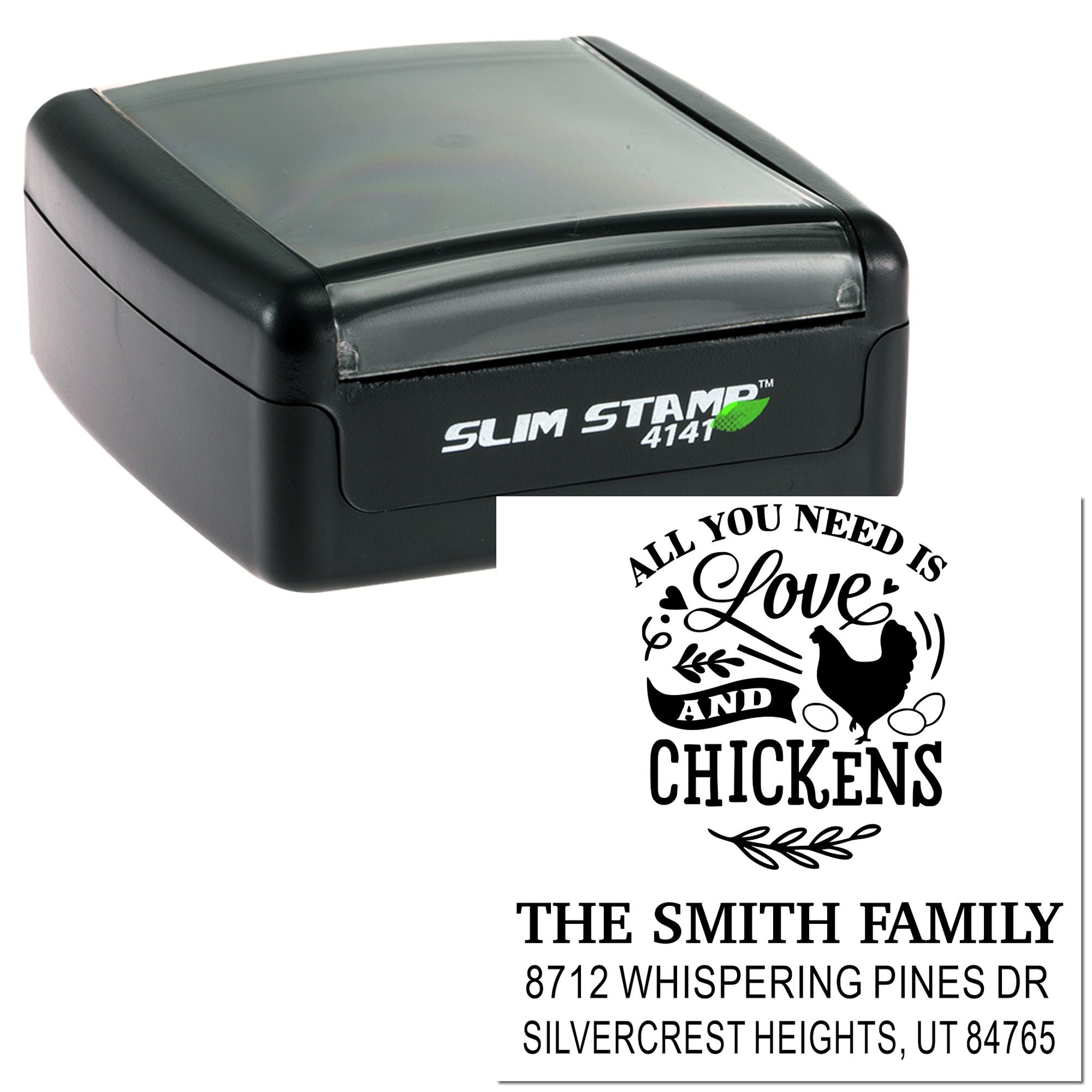 Self-inking Slim Stamp 4141 with custom chicken-themed address imprint for The Smith Family, shown on a white background.