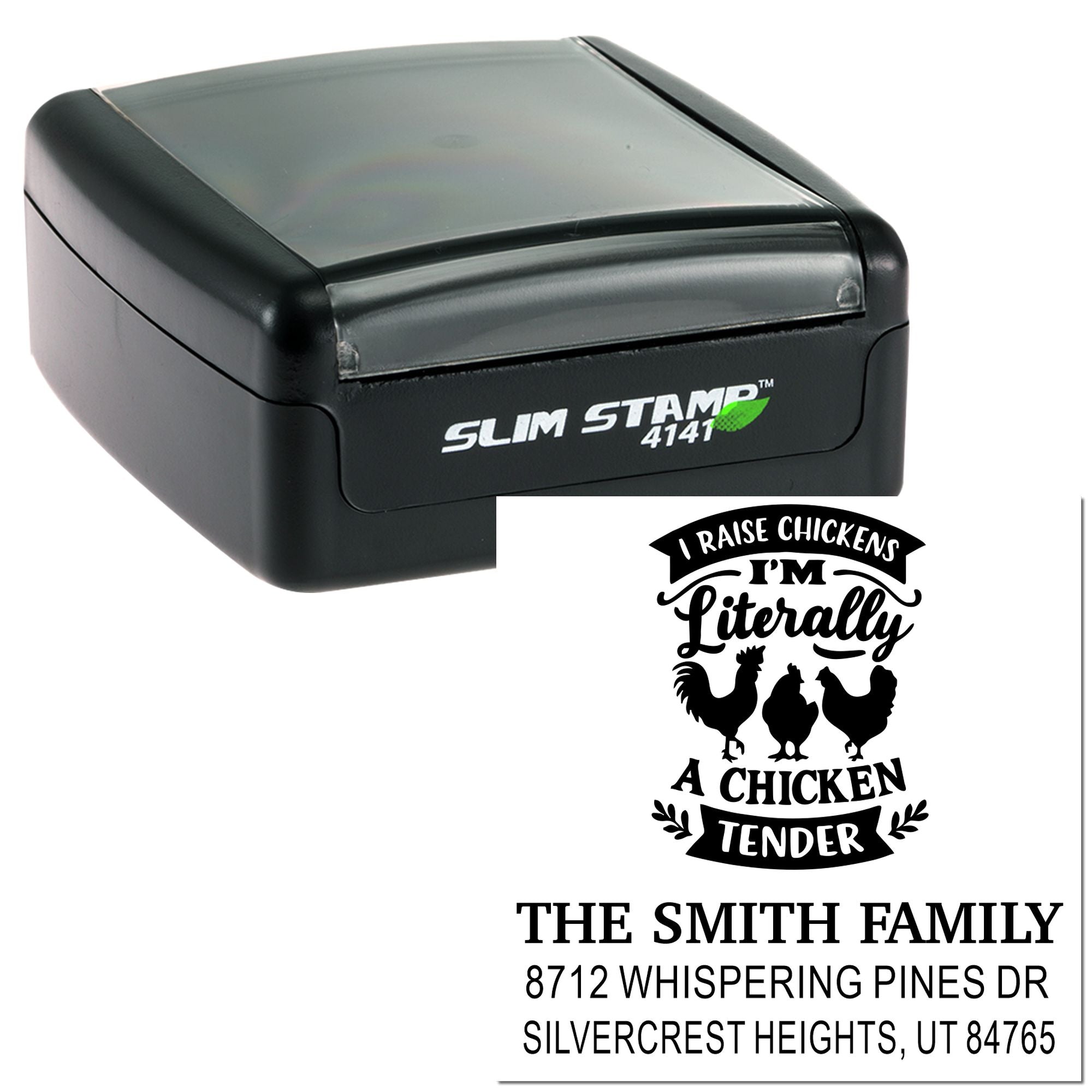 Custom self-inking Slim Stamp 4141 showing a chicken-themed return address stamp with family name and address on a white background.