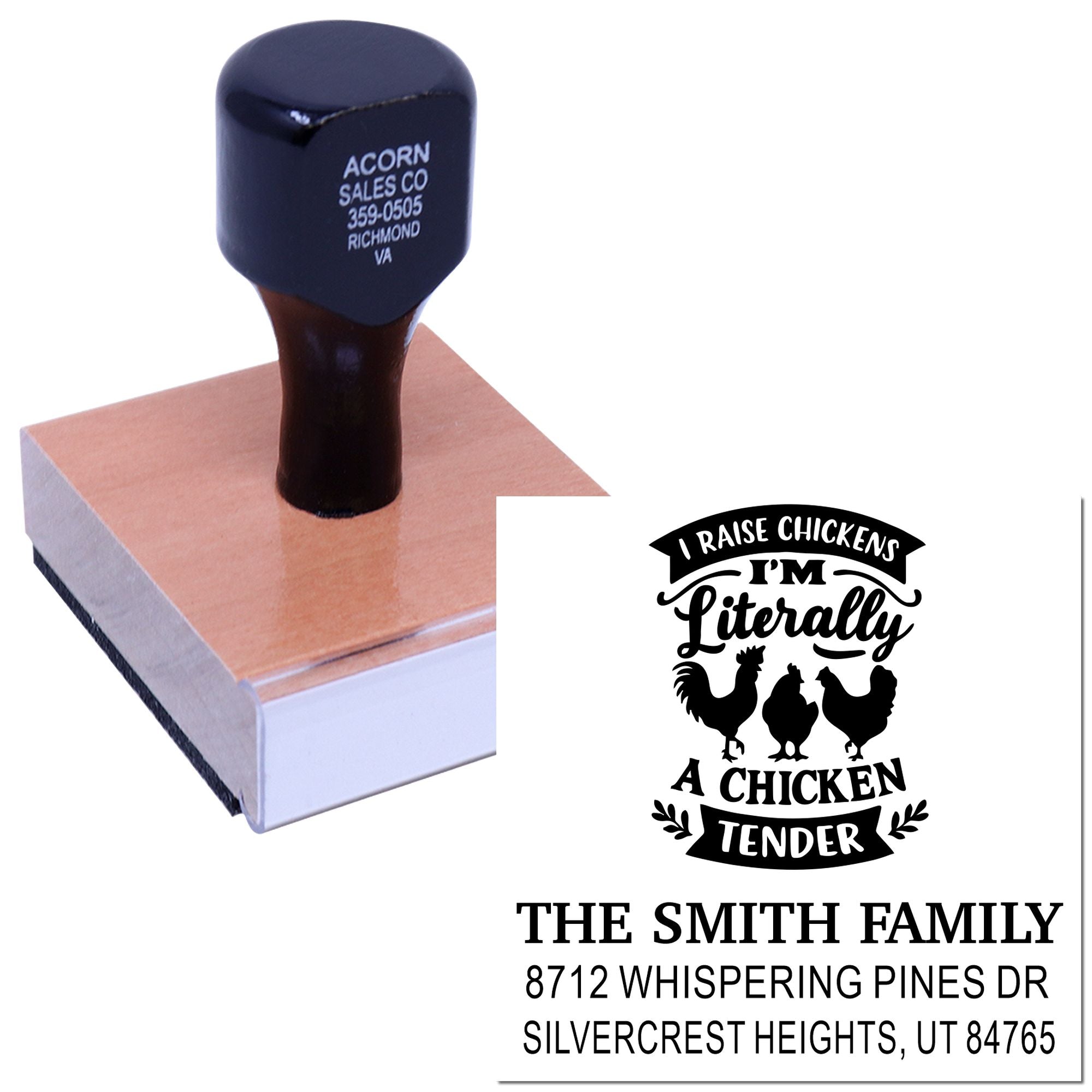 Custom rubber address stamp on white background, featuring a chicken-themed I raise chickens design for The Smith Family and address.