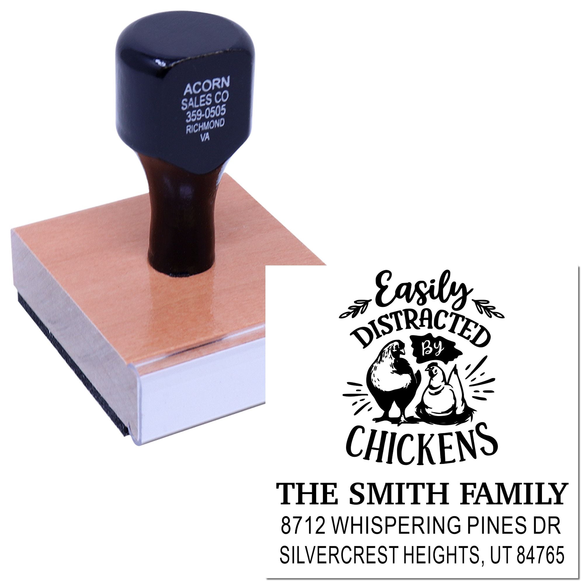 Custom rubber address stamp with chicken design, showing Easily Distracted by Chickens and The Smith Family address on a white background.