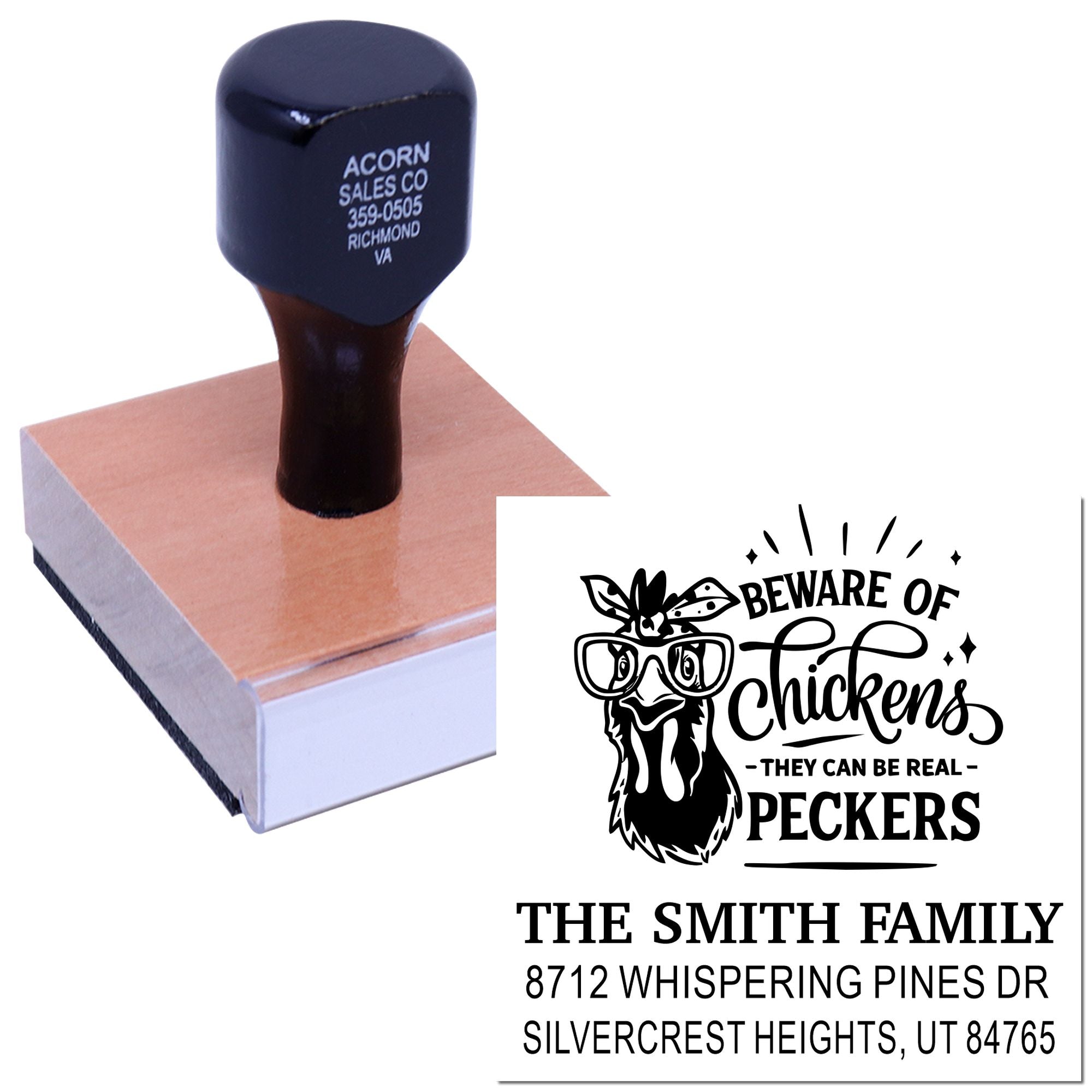 Custom self-inking stamp pressing on an ink pad, with preview artwork for Beware of Chickens and The Smith Family return address.