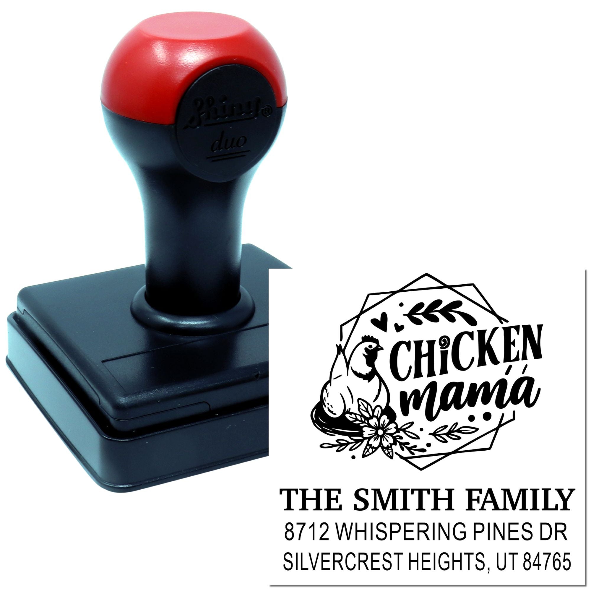 Custom self-inking return address stamp with Chicken Mama design, rooster and floral graphic, showing The Smith Family address on a black and red stamp base.
