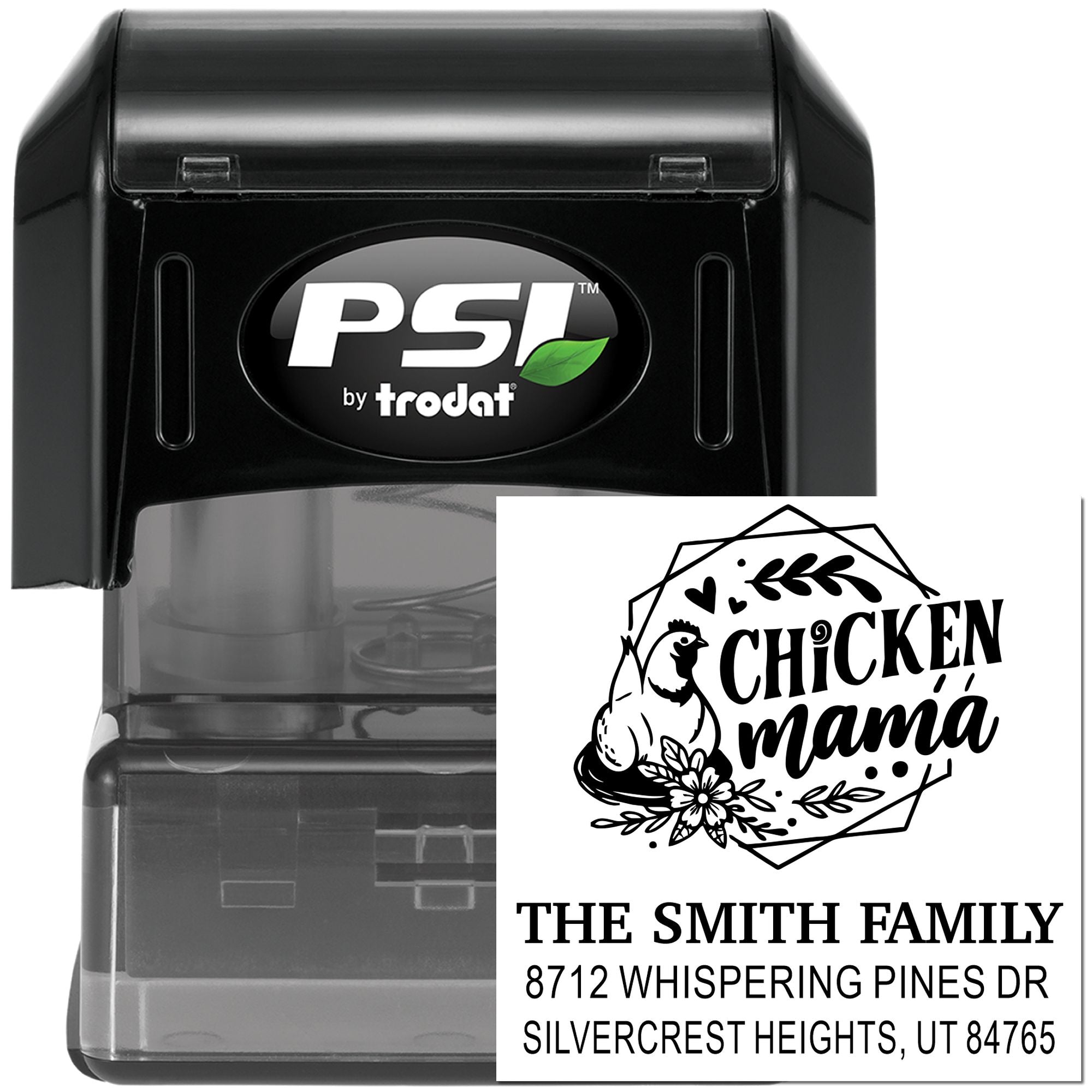 Custom self-inking PSI by Trodat stamp with Chicken Mama farmhouse design, The Smith Family name, and address in a black desk stamp case.