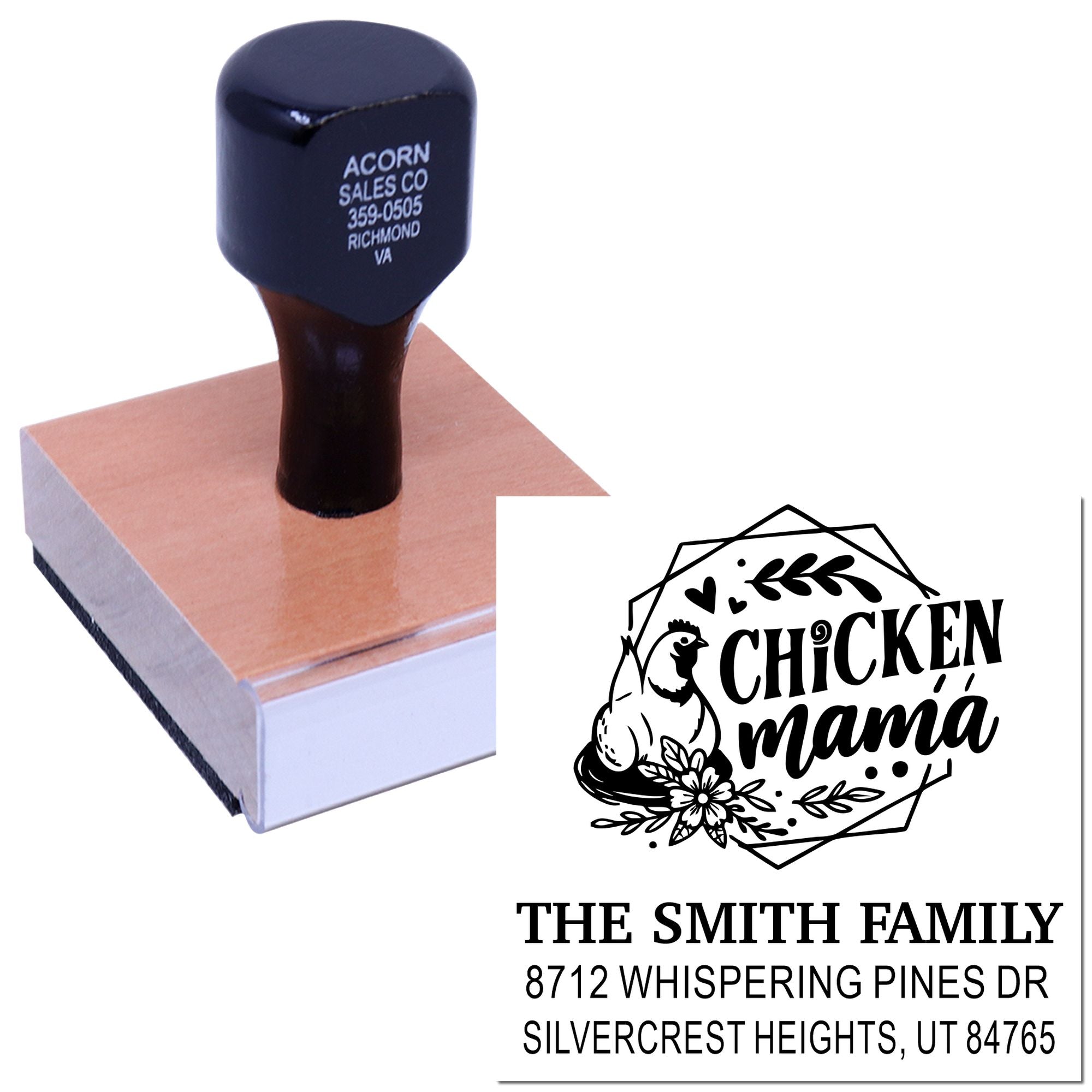 Custom self-inking stamp with Chicken Mama design and The Smith Family address, shown on a wooden block with sample imprint.