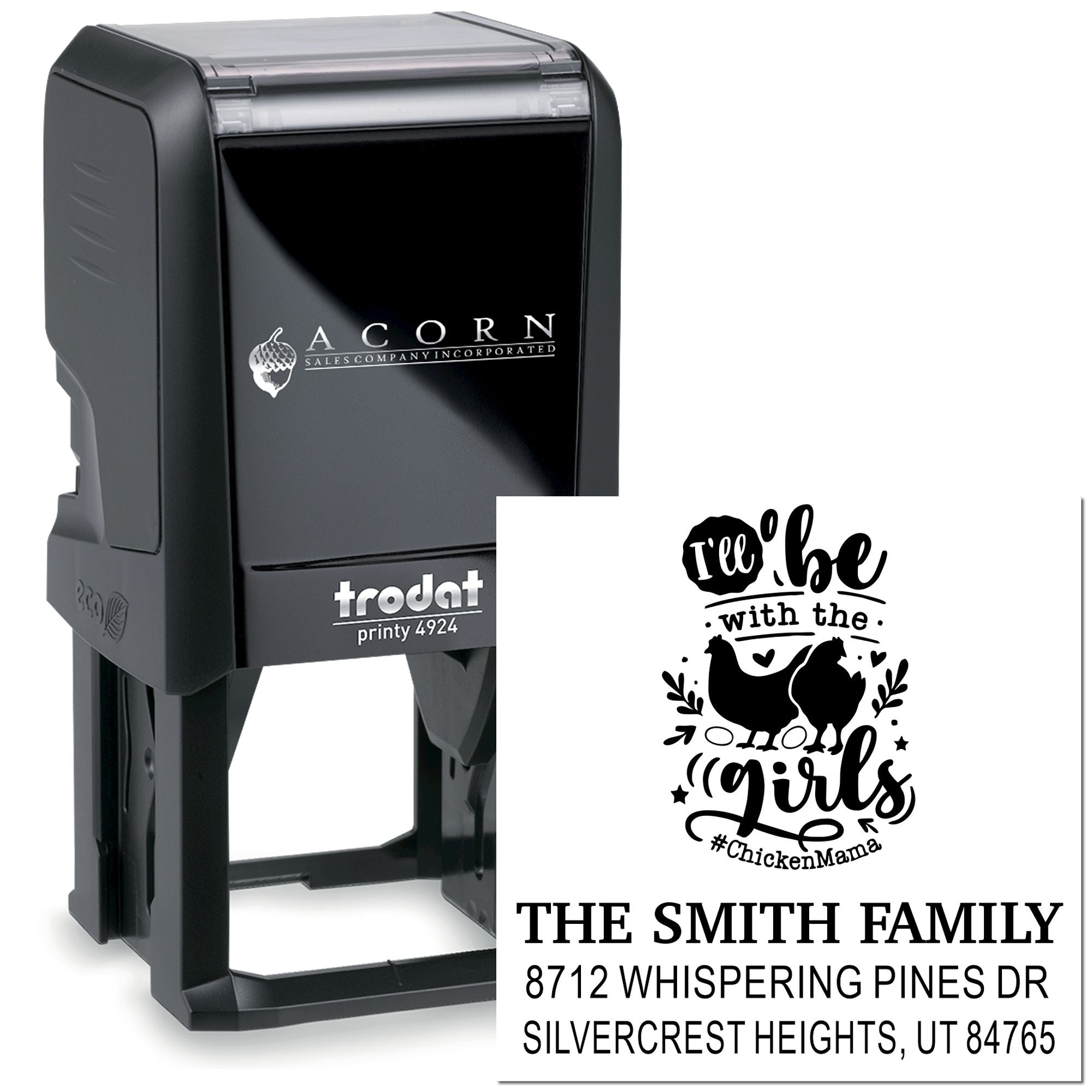 Custom self-inking Trodat address stamp with chicken mama design, showing The Smith Family name and address on a white background.