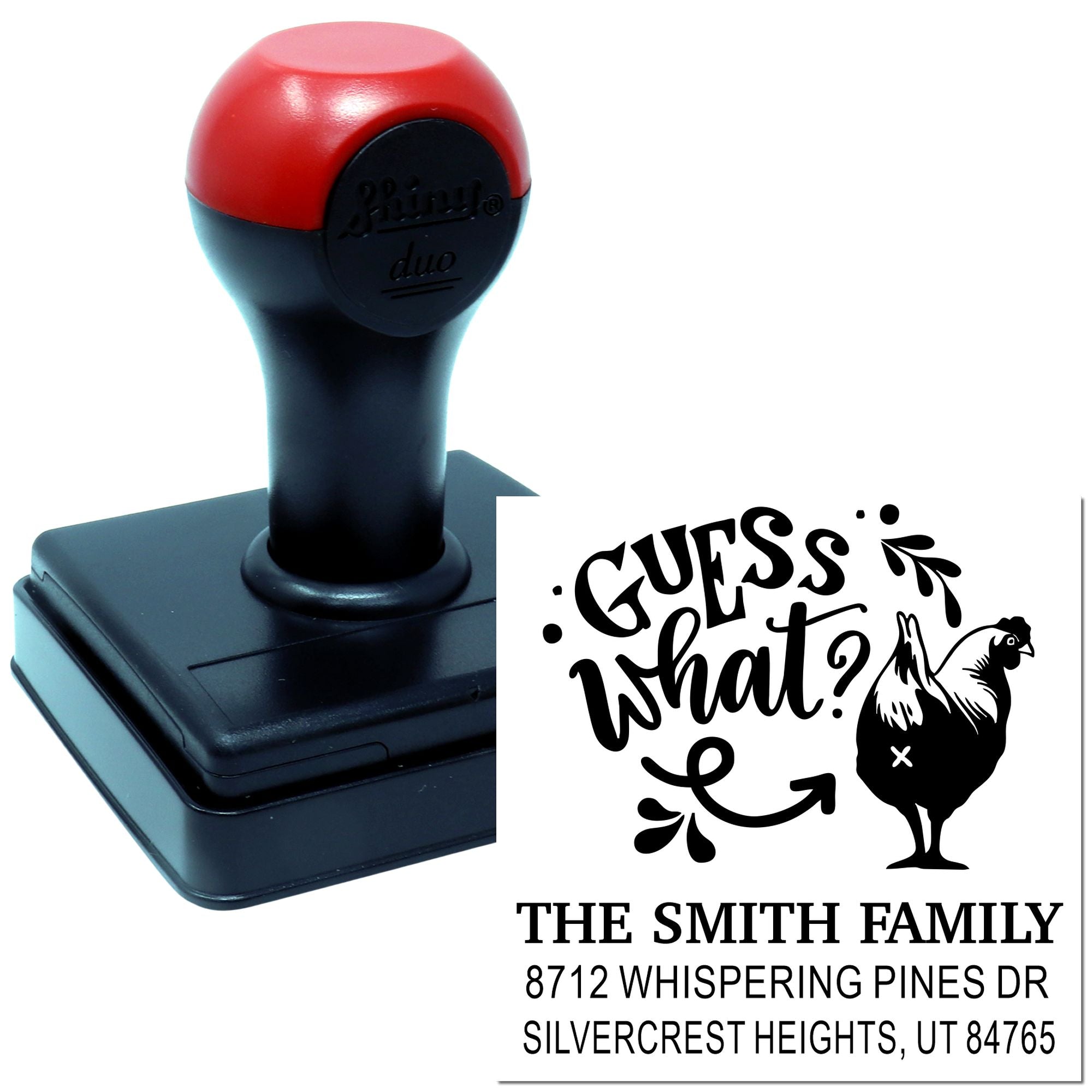 Custom self-inking address stamp with Guess what? chicken design, Smith family name, and return address on a white background.