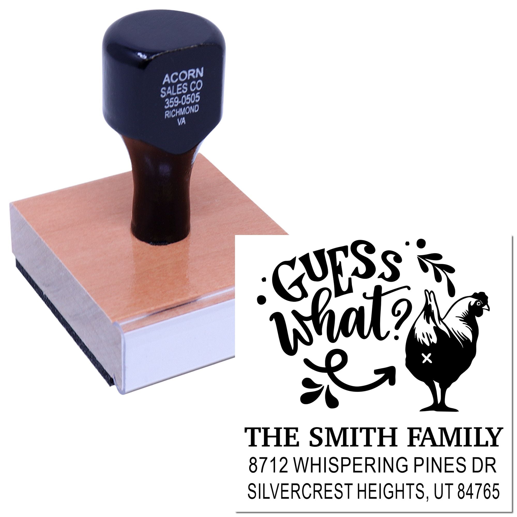 Custom self-inking rubber stamp with Guess what? chicken design and family return address, pressed on a wooden block on a white background.