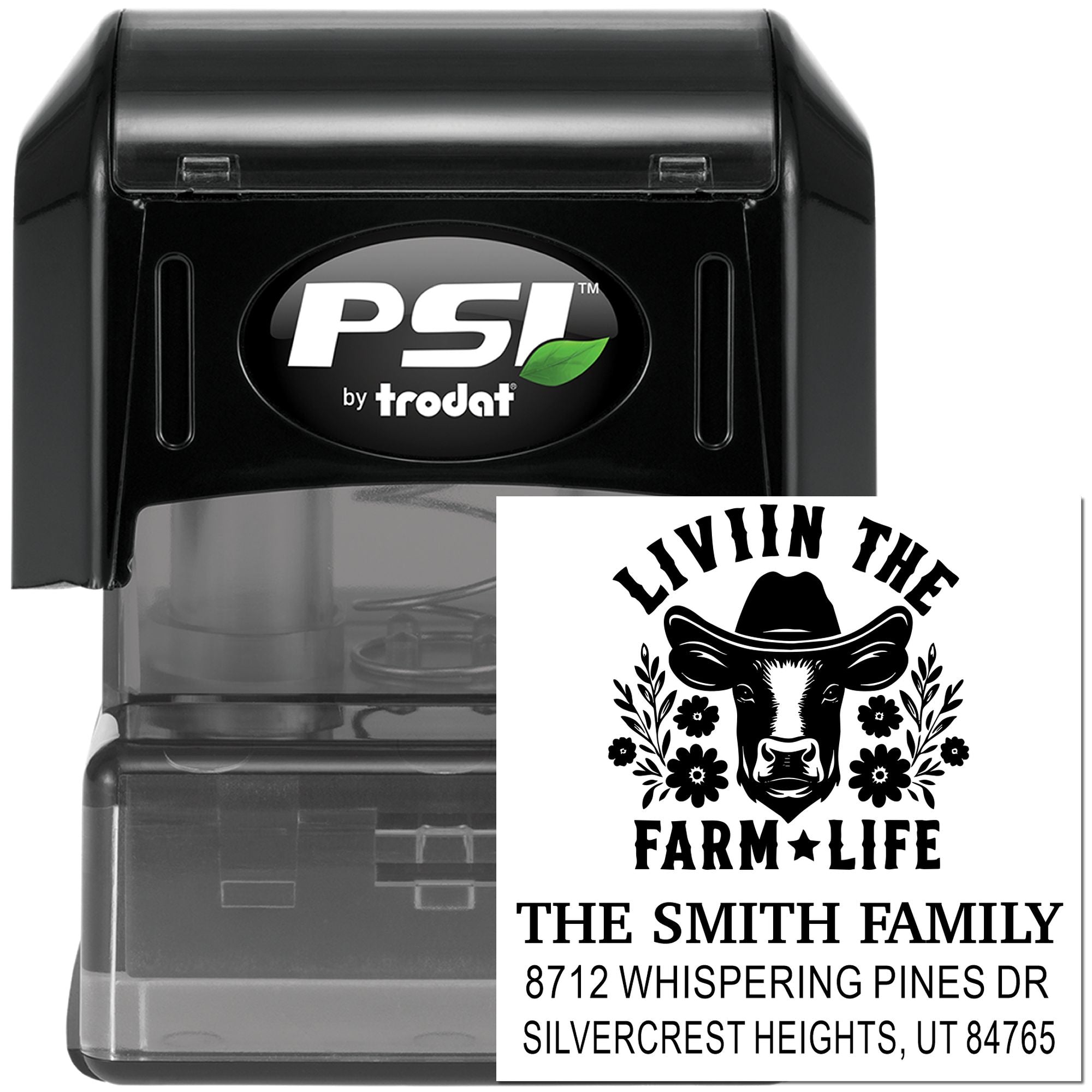 PSI by Trodat self-inking stamp with custom cow farm logo and Smith family address, shown on a clear product case against a white background.
